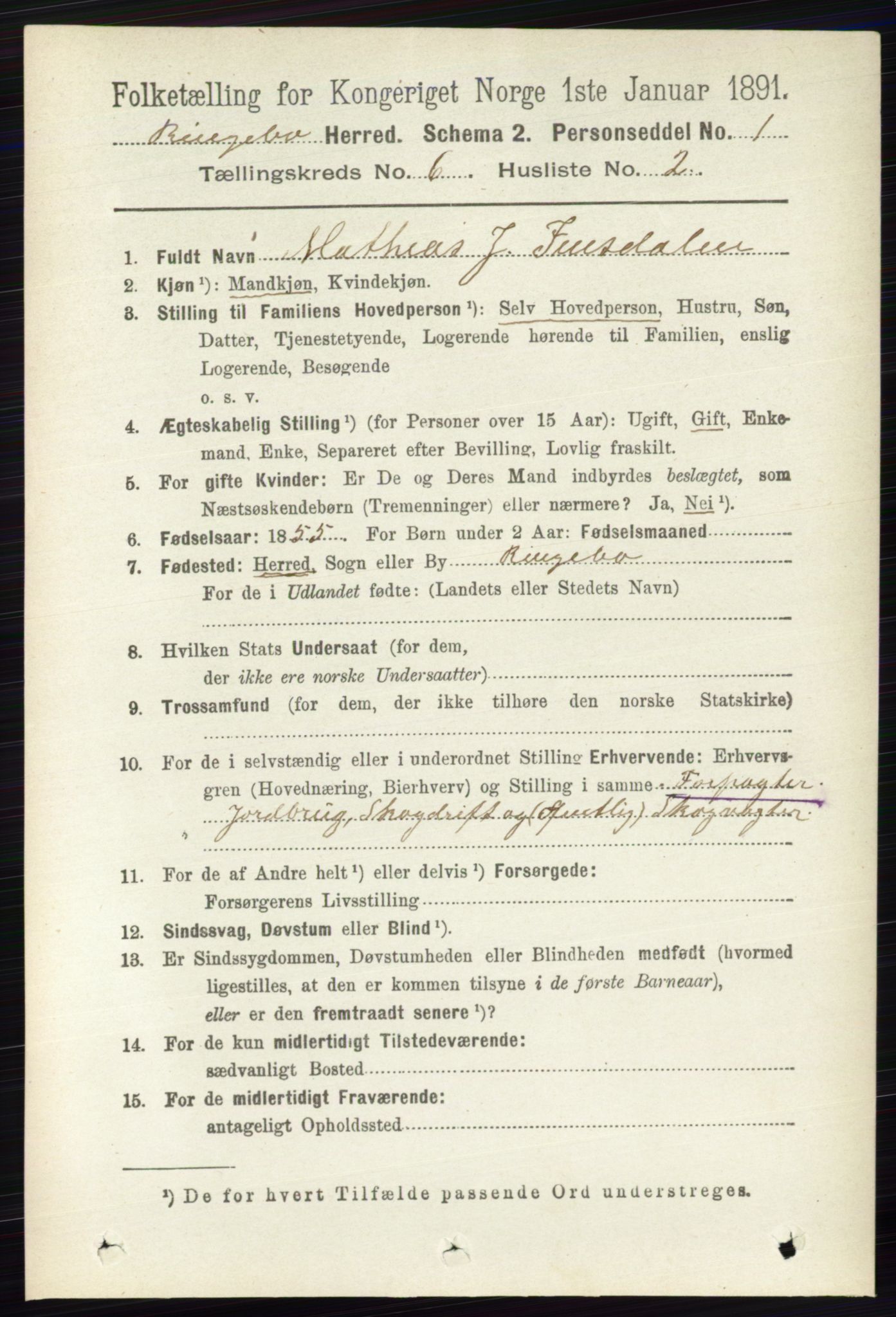 RA, 1891 census for 0520 Ringebu, 1891, p. 2454