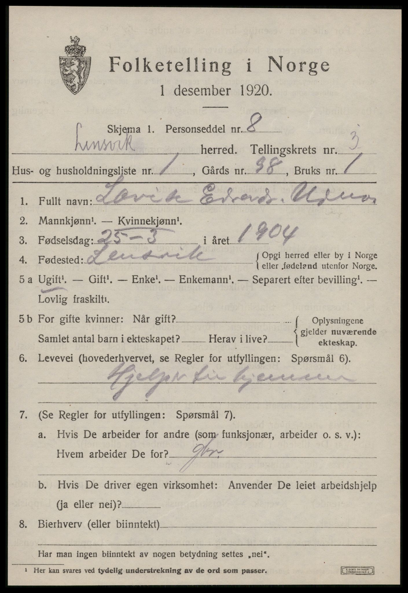 SAT, 1920 census for Lensvik, 1920, p. 1722