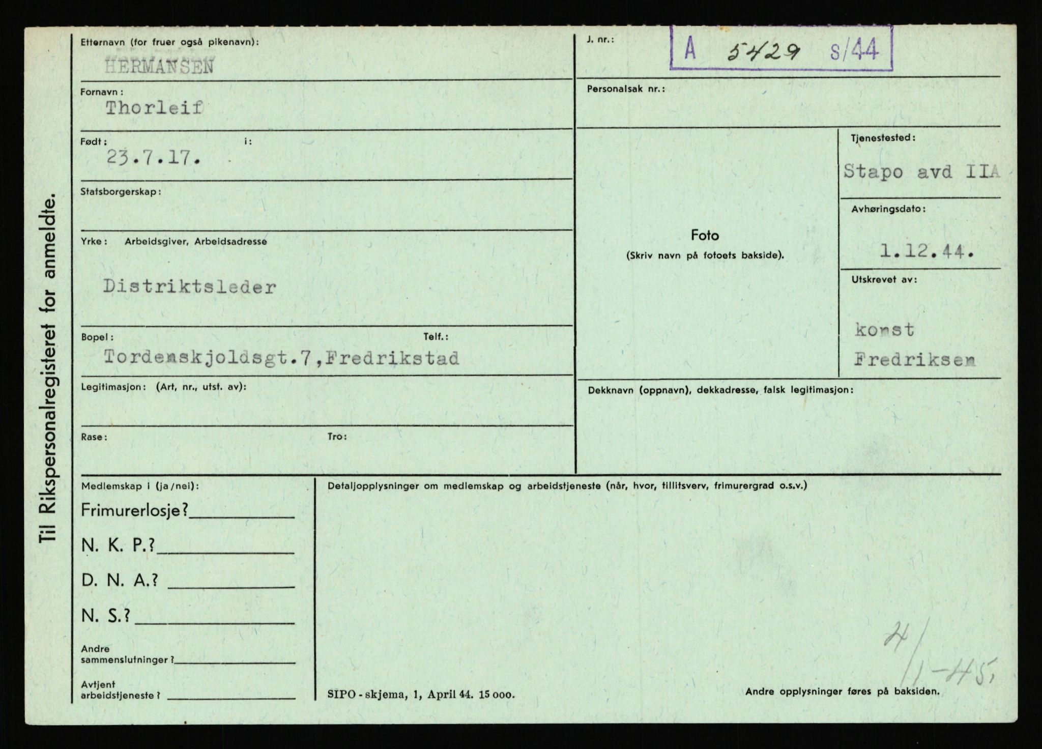 Statspolitiet - Hovedkontoret / Osloavdelingen, AV/RA-S-1329/C/Ca/L0006: Hanche - Hokstvedt, 1943-1945, p. 3968