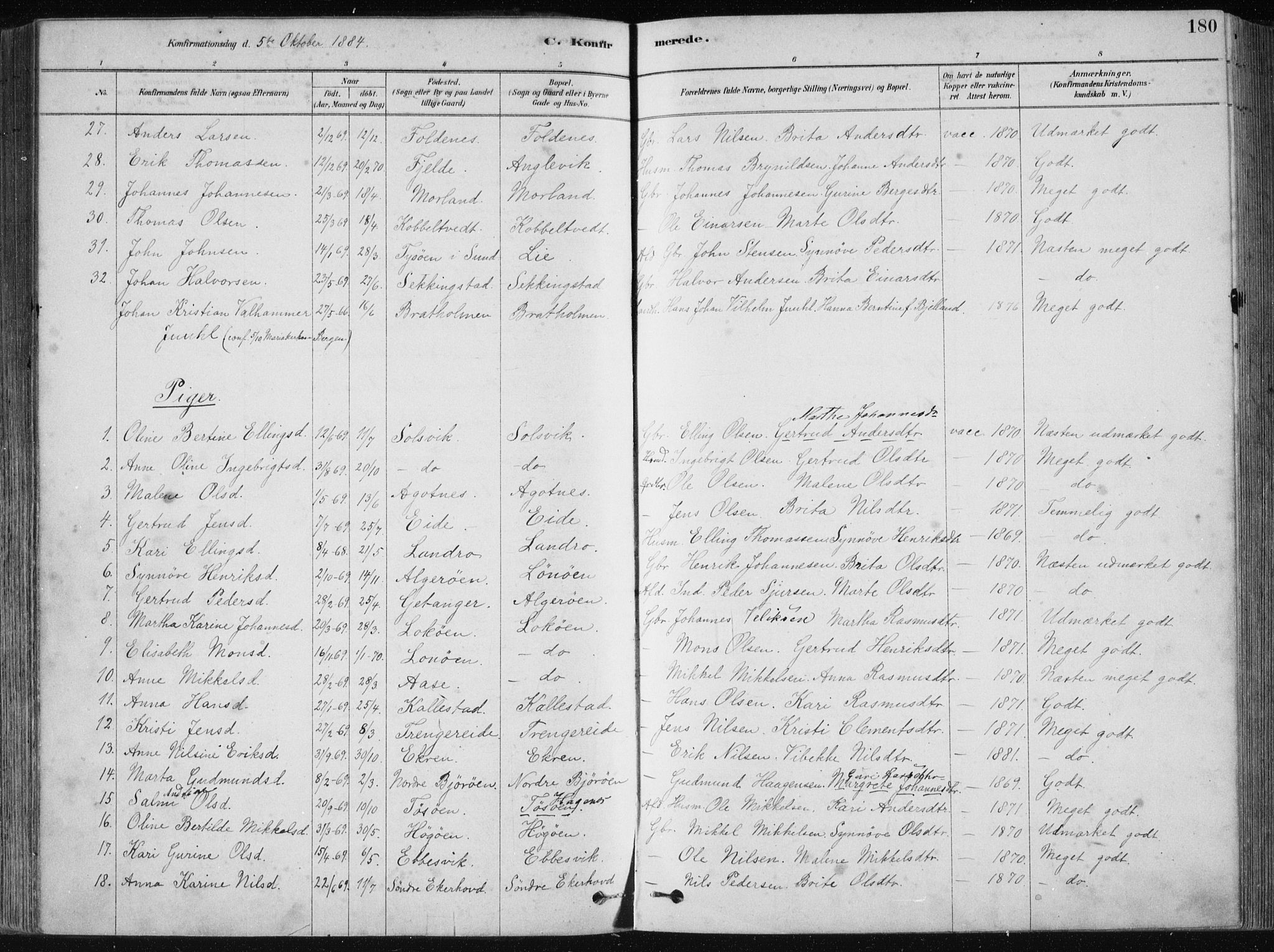 Fjell sokneprestembete, SAB/A-75301/H/Haa: Parish register (official) no. A  8, 1878-1898, p. 180