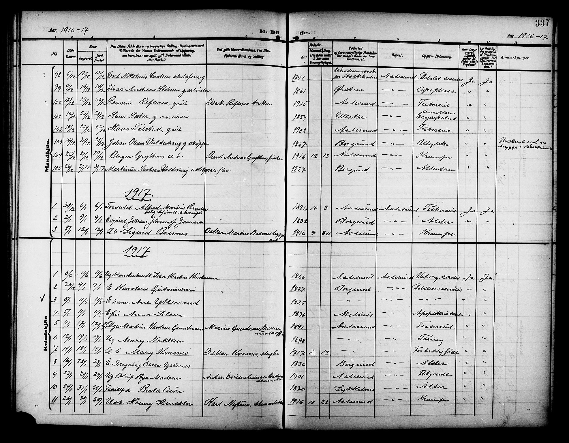 Ministerialprotokoller, klokkerbøker og fødselsregistre - Møre og Romsdal, AV/SAT-A-1454/529/L0470: Parish register (copy) no. 529C07, 1907-1917, p. 337