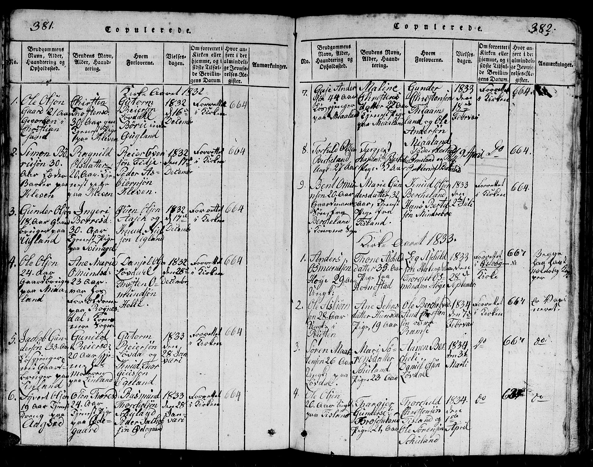 Holum sokneprestkontor, AV/SAK-1111-0022/F/Fb/Fbb/L0001: Parish register (copy) no. B 1, 1820-1847, p. 381-382