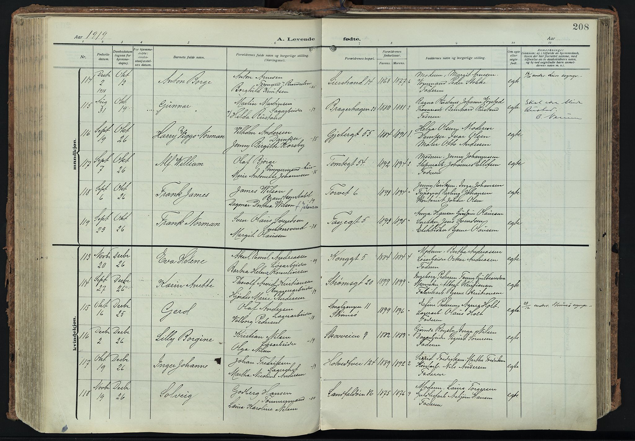 Bragernes kirkebøker, AV/SAKO-A-6/F/Fb/L0010: Parish register (official) no. II 10, 1911-1922, p. 208