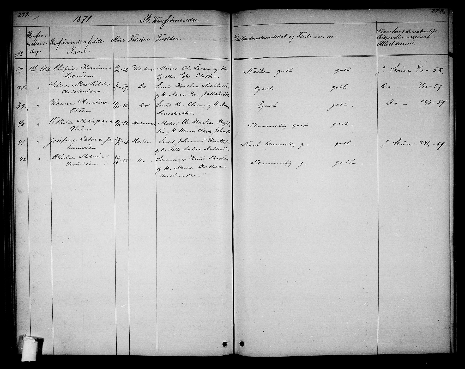 Horten kirkebøker, AV/SAKO-A-348/G/Ga/L0002: Parish register (copy) no. 2, 1864-1871, p. 277-278