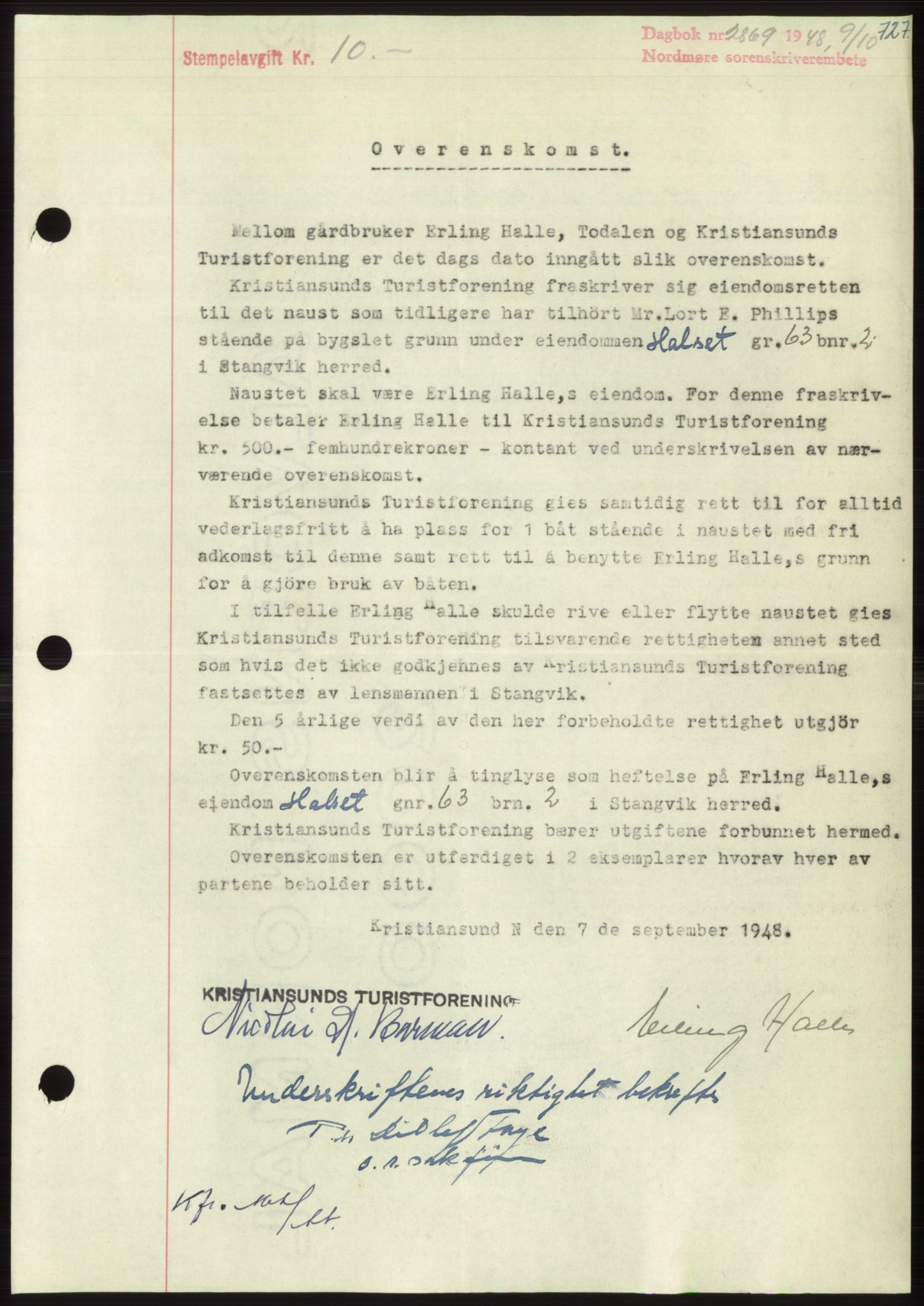 Nordmøre sorenskriveri, AV/SAT-A-4132/1/2/2Ca: Mortgage book no. B99, 1948-1948, Diary no: : 2869/1948