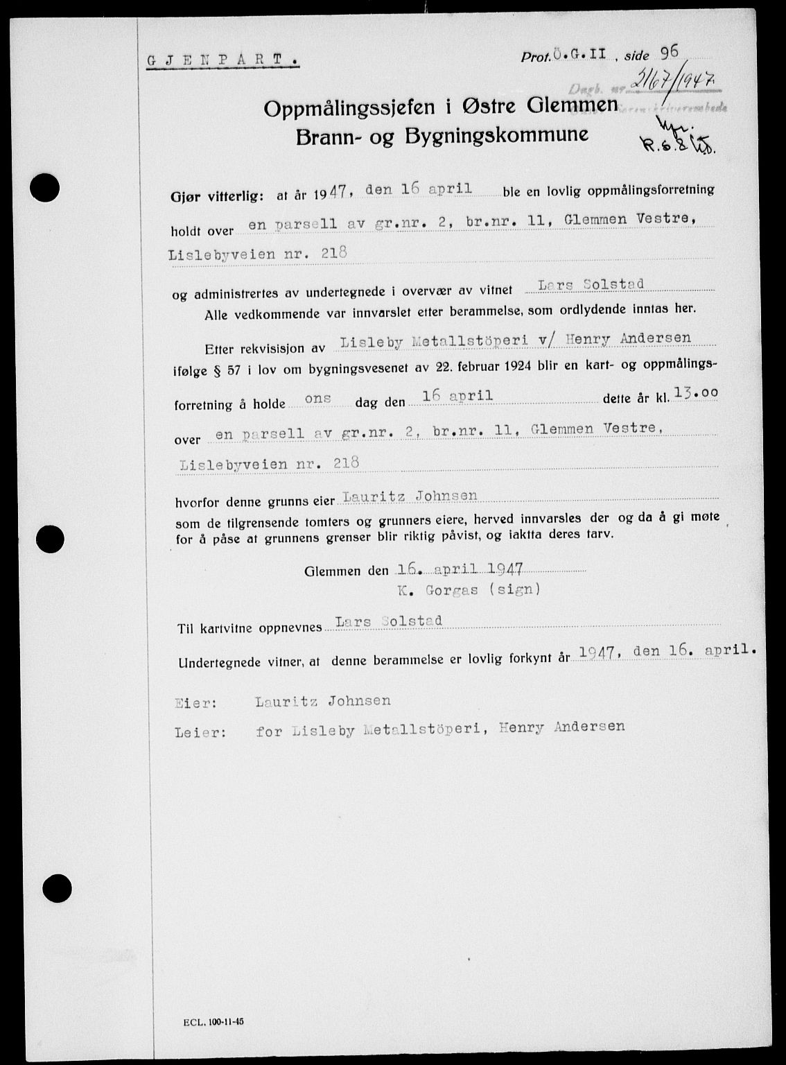 Onsøy sorenskriveri, SAO/A-10474/G/Ga/Gab/L0021: Mortgage book no. II A-21, 1947-1947, Diary no: : 2167/1947