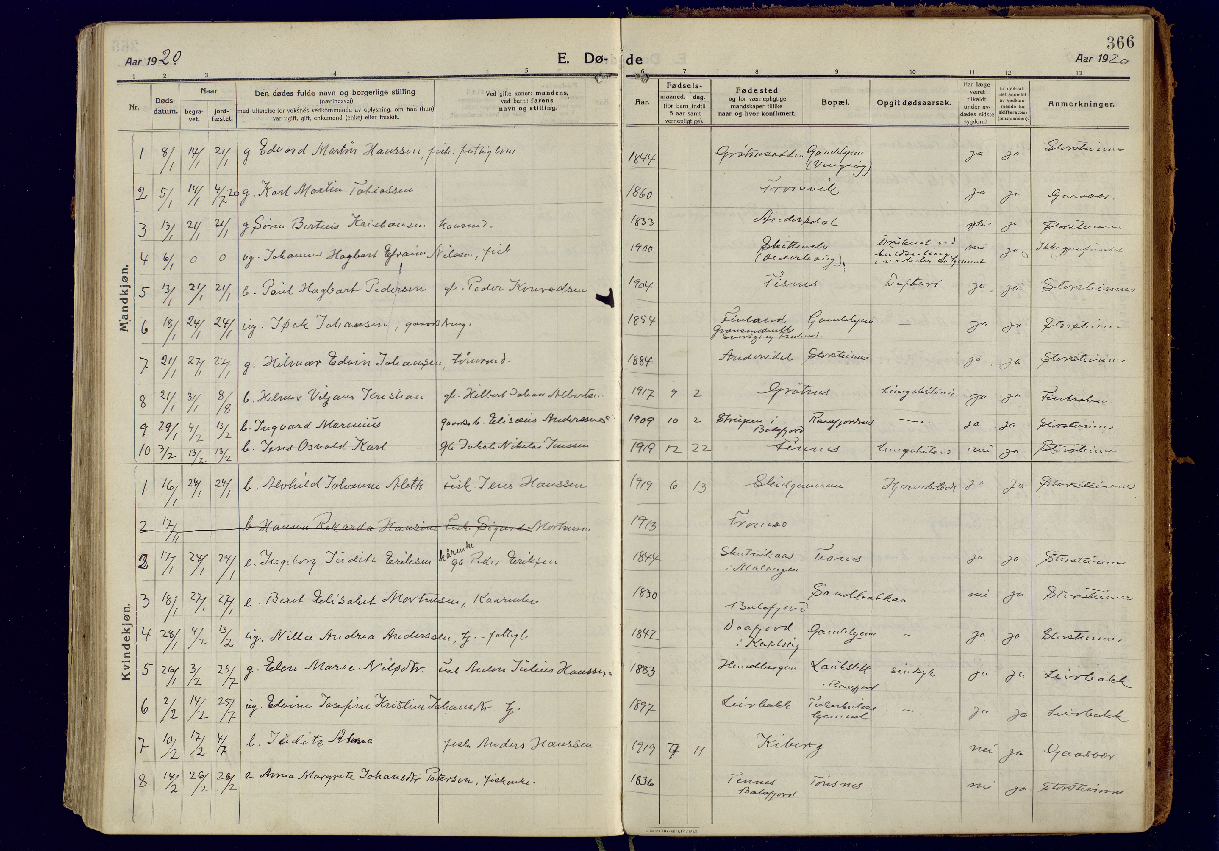 Tromsøysund sokneprestkontor, AV/SATØ-S-1304/G/Ga/L0008kirke: Parish register (official) no. 8, 1914-1922, p. 366