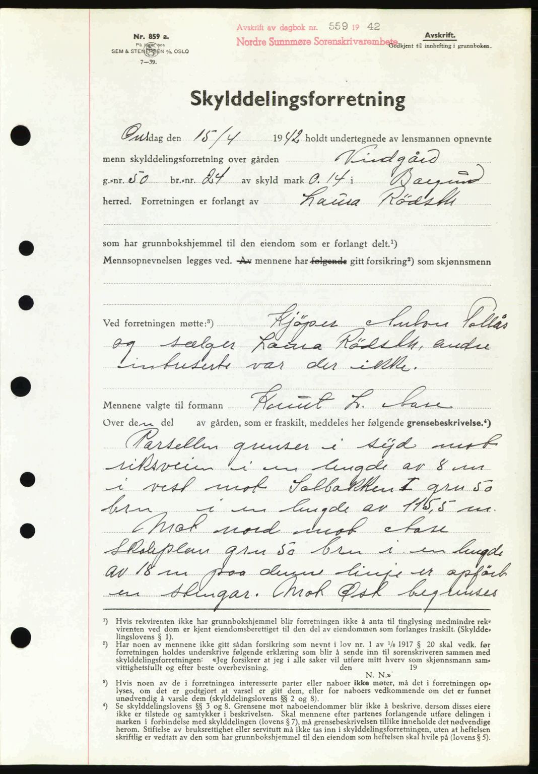 Nordre Sunnmøre sorenskriveri, AV/SAT-A-0006/1/2/2C/2Ca: Mortgage book no. A13, 1942-1942, Diary no: : 559/1942