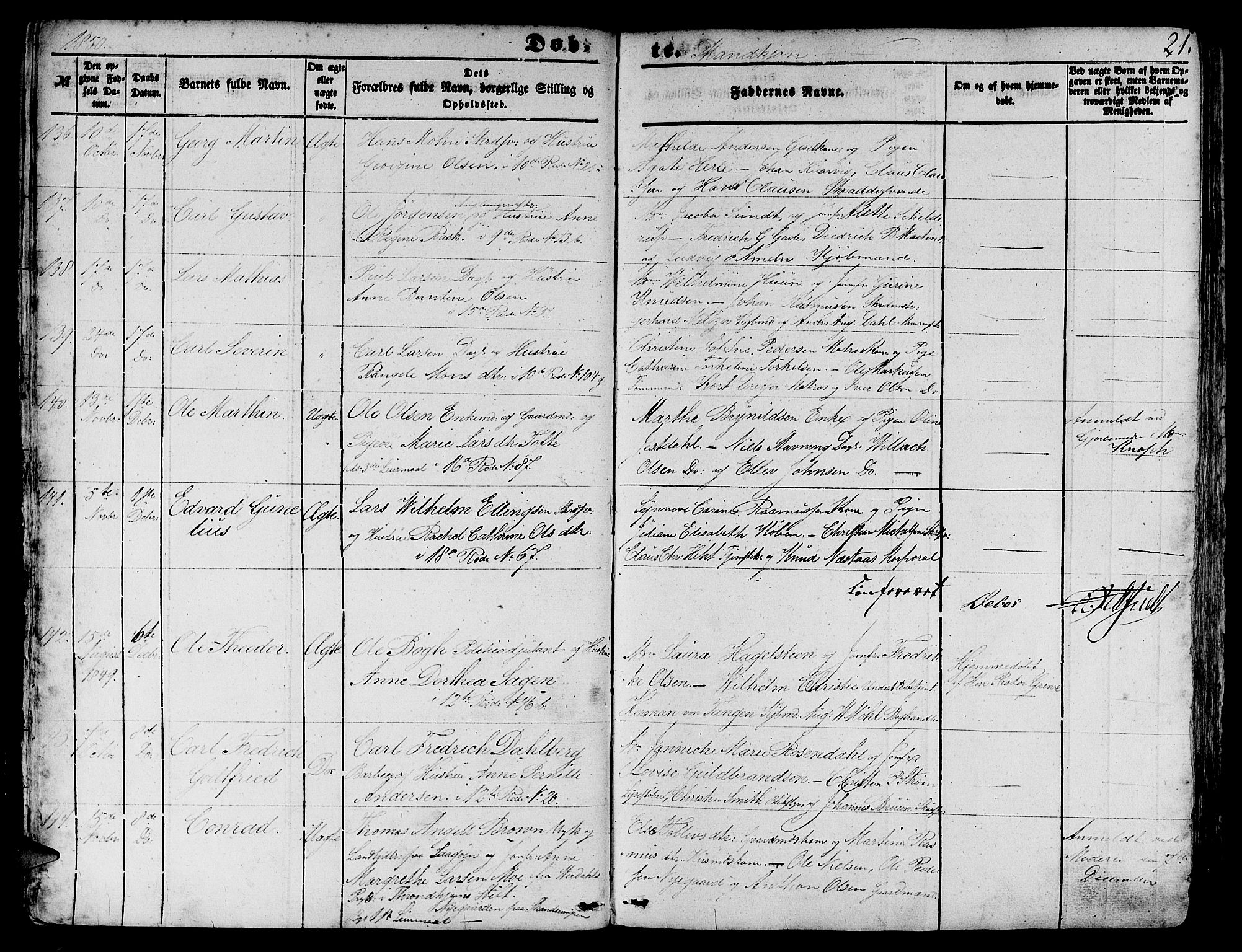 Domkirken sokneprestembete, AV/SAB-A-74801/H/Hab/L0010: Parish register (copy) no. B 3, 1849-1856, p. 21