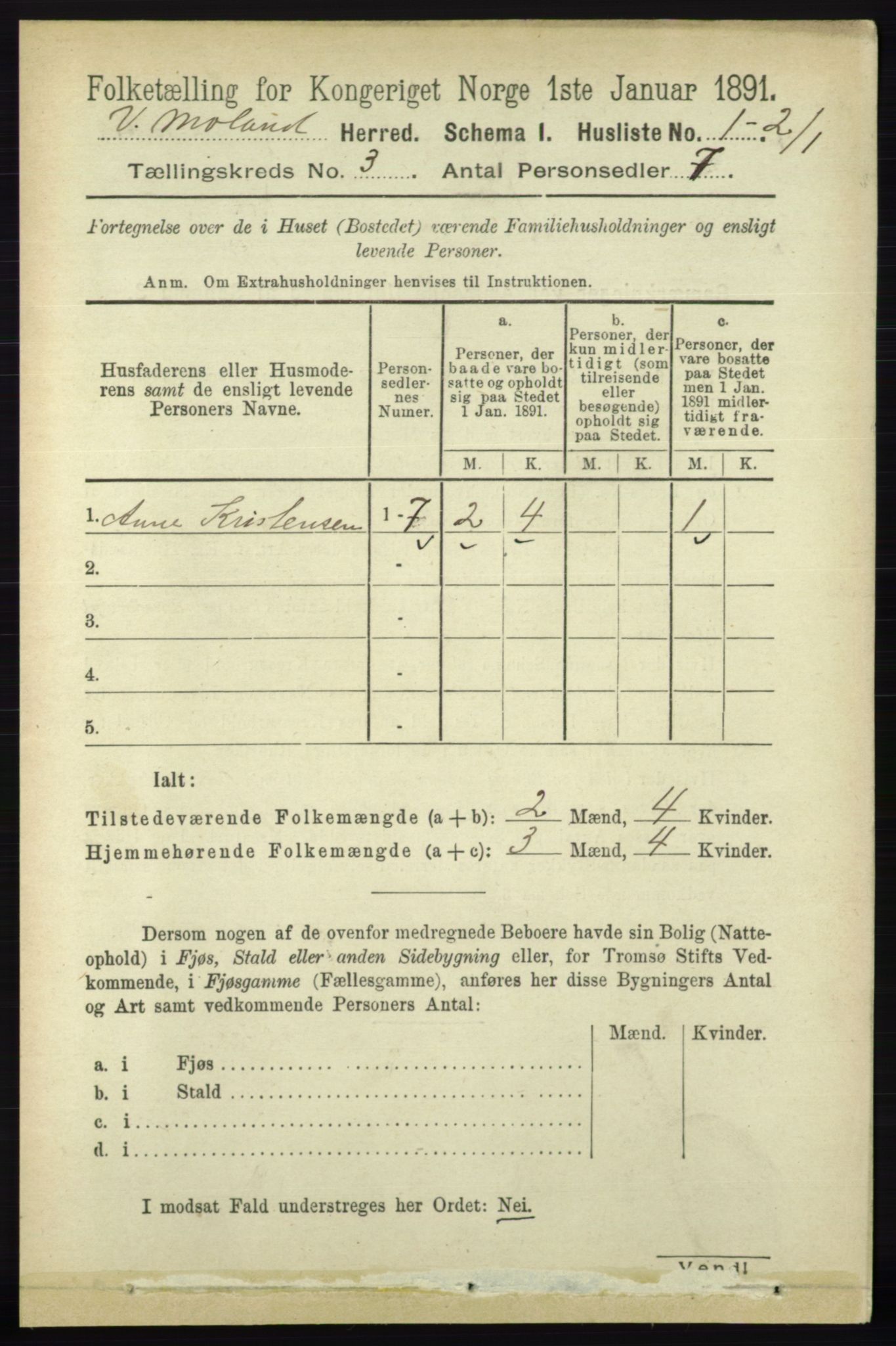 RA, 1891 census for 0926 Vestre Moland, 1891, p. 921