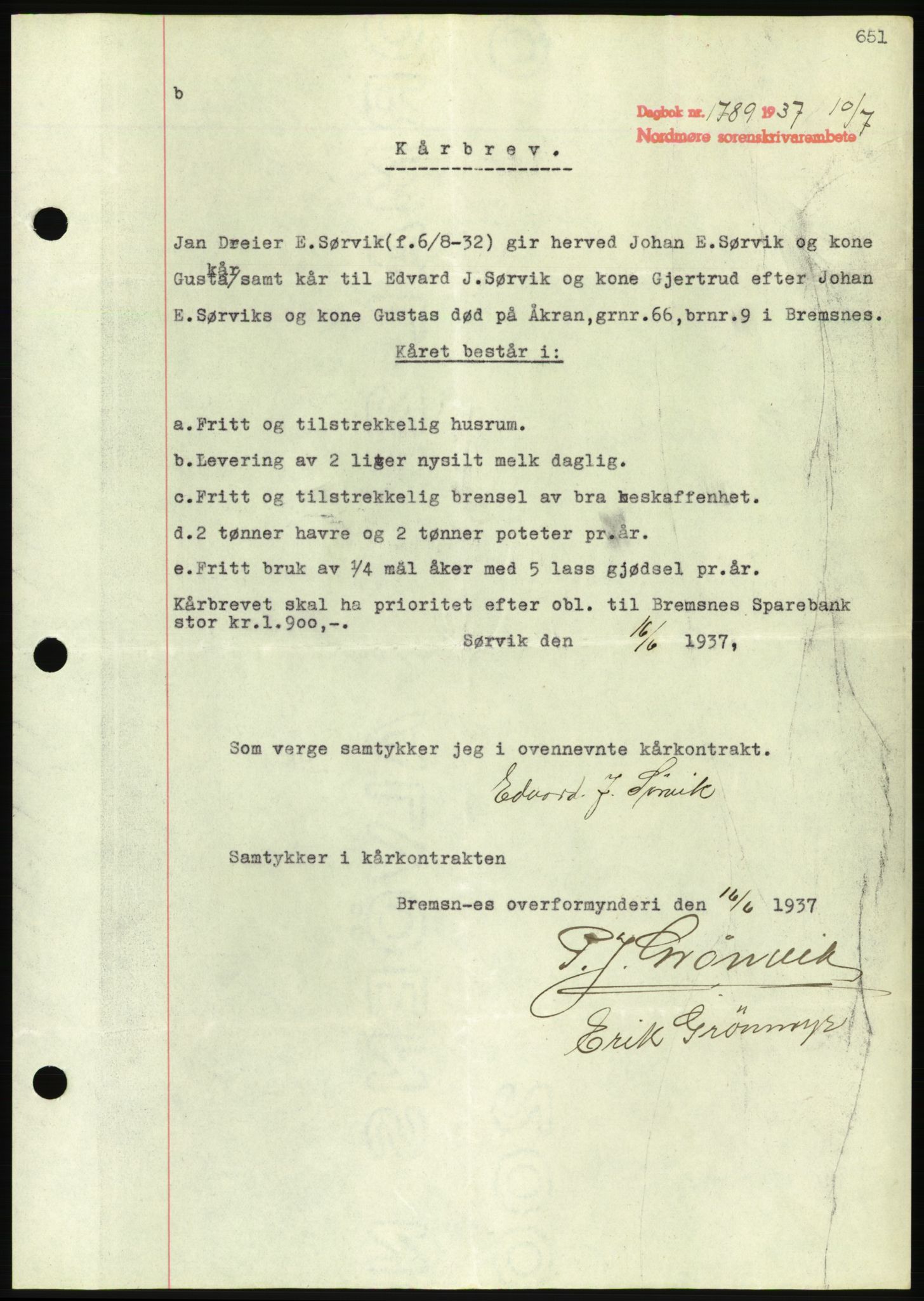 Nordmøre sorenskriveri, AV/SAT-A-4132/1/2/2Ca/L0091: Mortgage book no. B81, 1937-1937, Diary no: : 1789/1937