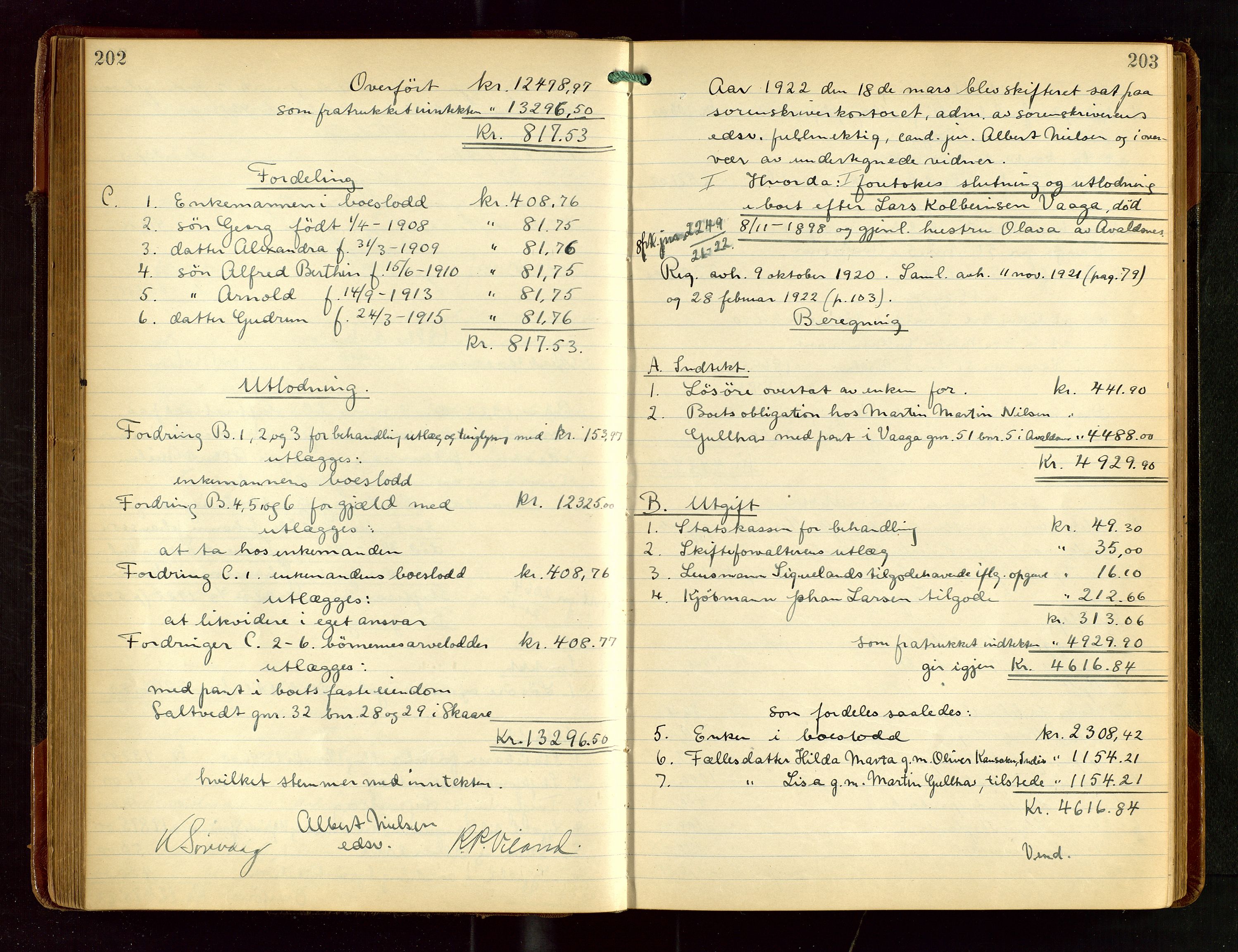 Karmsund sorenskriveri, AV/SAST-A-100311/01/IV/IVGB/L0003: SKIFTEUTLODNINGSPROTOKOLL, 1919-1925, p. 202-203