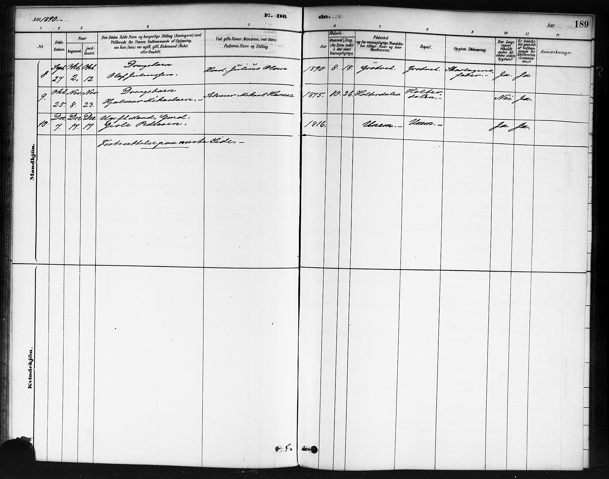 Våler prestekontor Kirkebøker, SAO/A-11083/F/Fb/L0001: Parish register (official) no. II 1, 1878-1896, p. 189