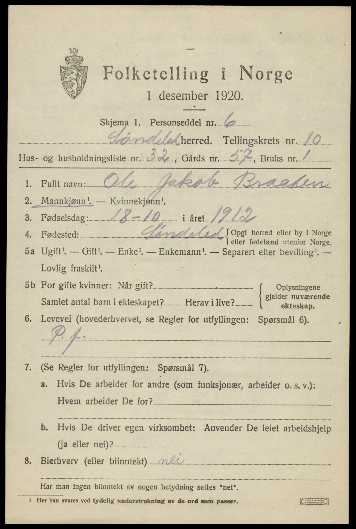 SAK, 1920 census for Søndeled, 1920, p. 5333