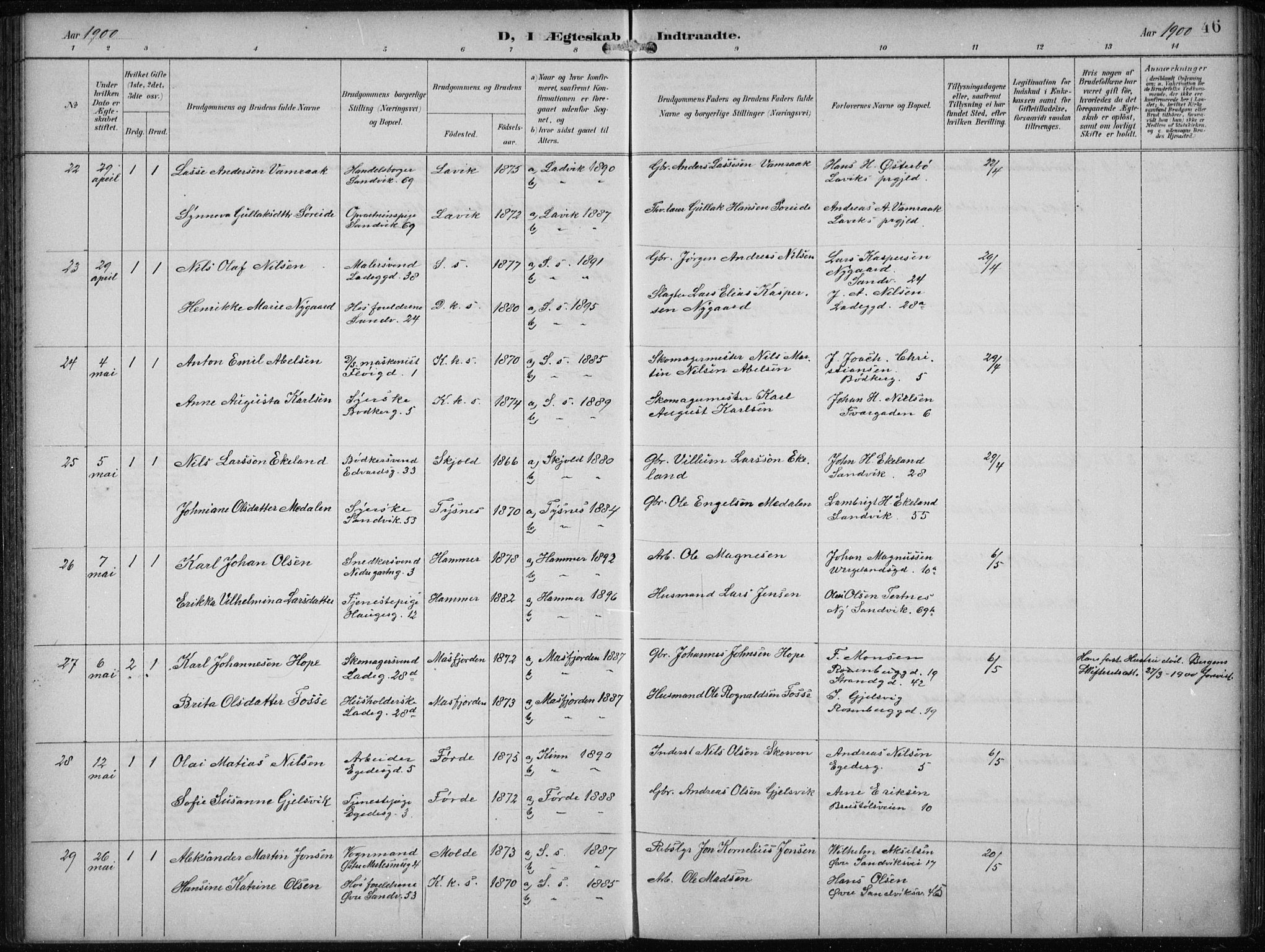 Sandviken Sokneprestembete, SAB/A-77601/H/Ha/L0014: Parish register (official) no. D 1, 1896-1911, p. 46