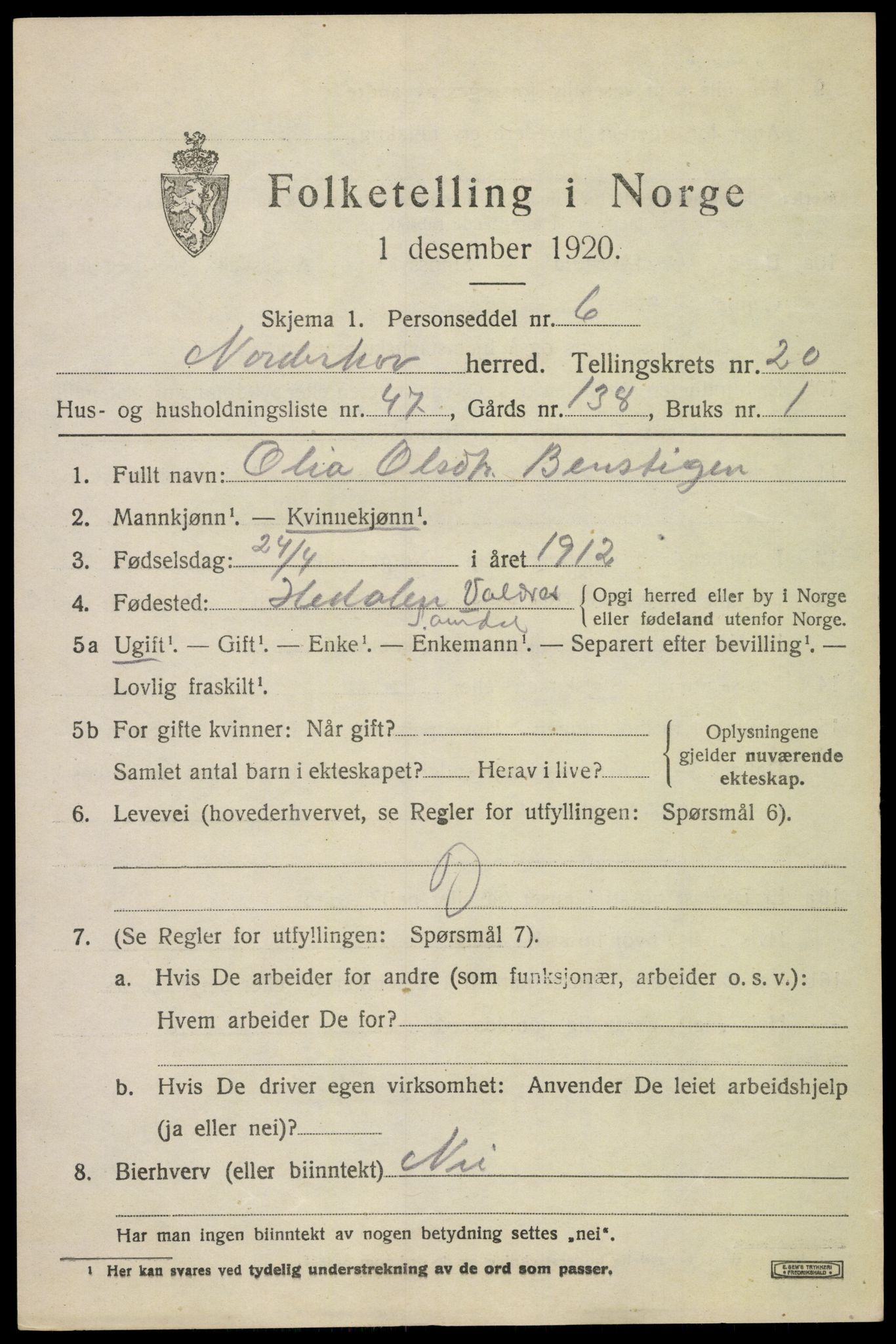 SAKO, 1920 census for Norderhov, 1920, p. 21888