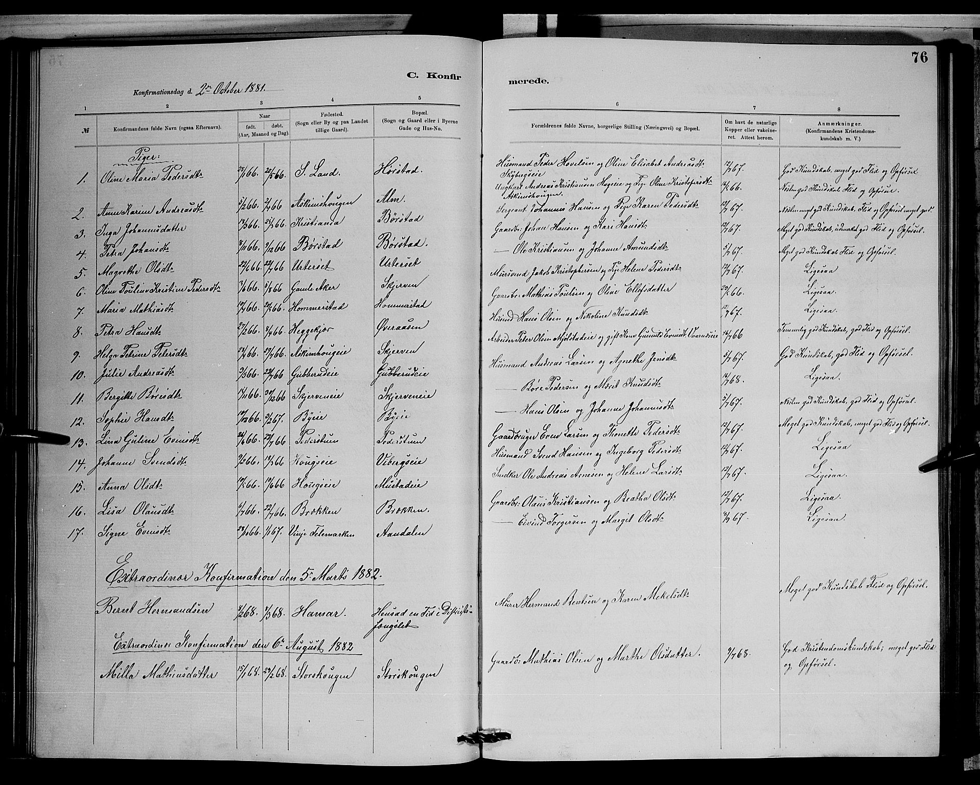 Vardal prestekontor, SAH/PREST-100/H/Ha/Hab/L0008: Parish register (copy) no. 8, 1881-1898, p. 76
