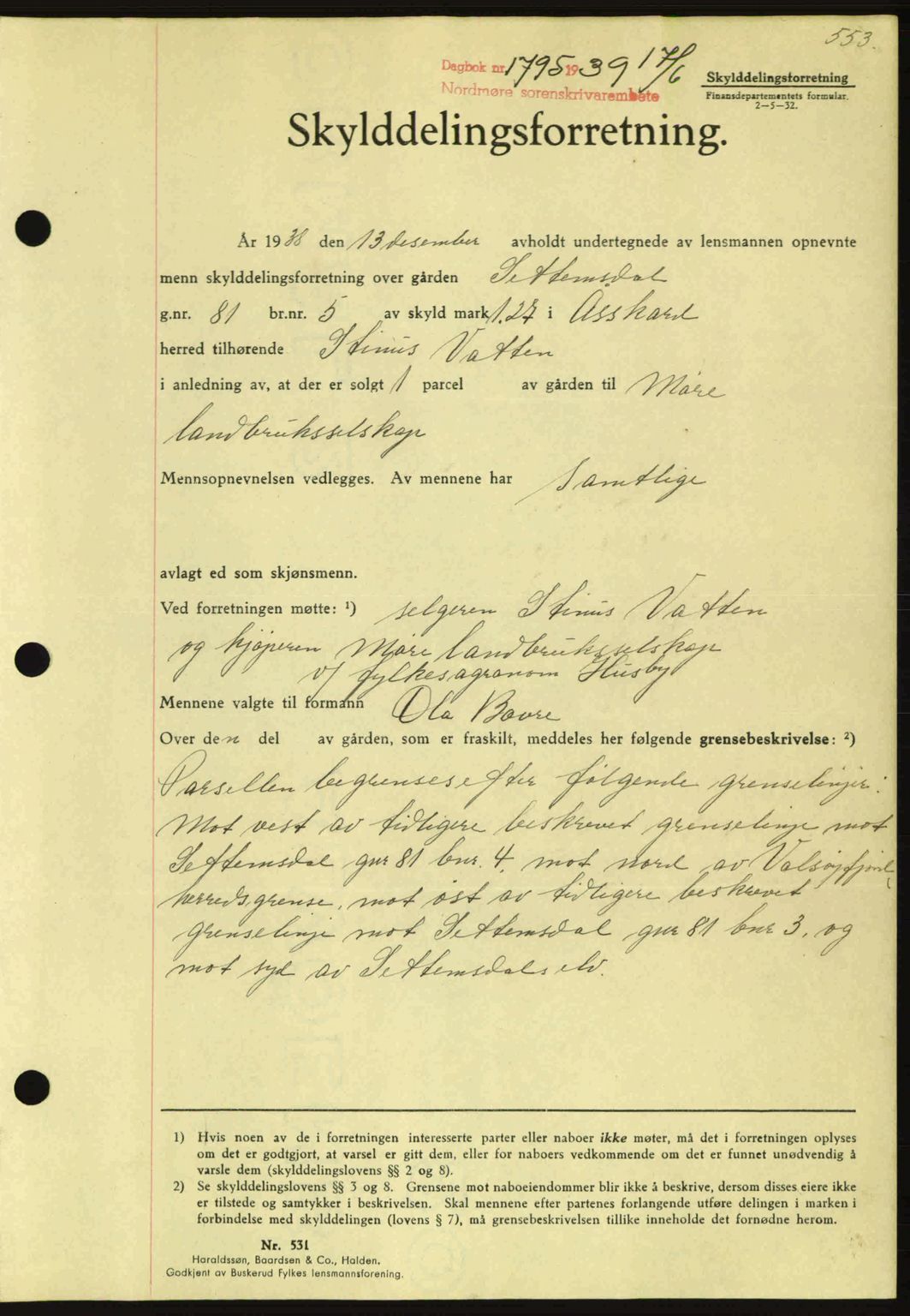 Nordmøre sorenskriveri, AV/SAT-A-4132/1/2/2Ca: Mortgage book no. A86, 1939-1939, Diary no: : 1795/1939