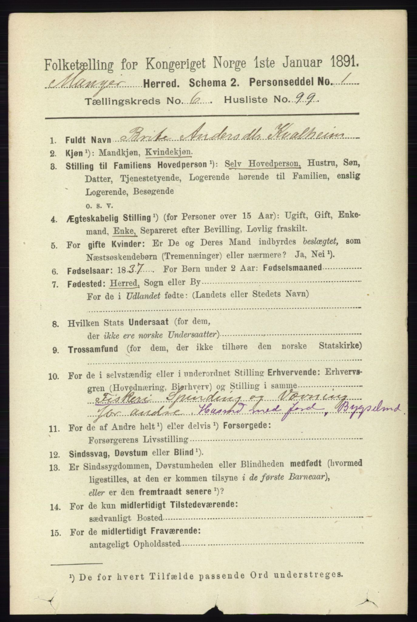 RA, 1891 census for 1261 Manger, 1891, p. 3937