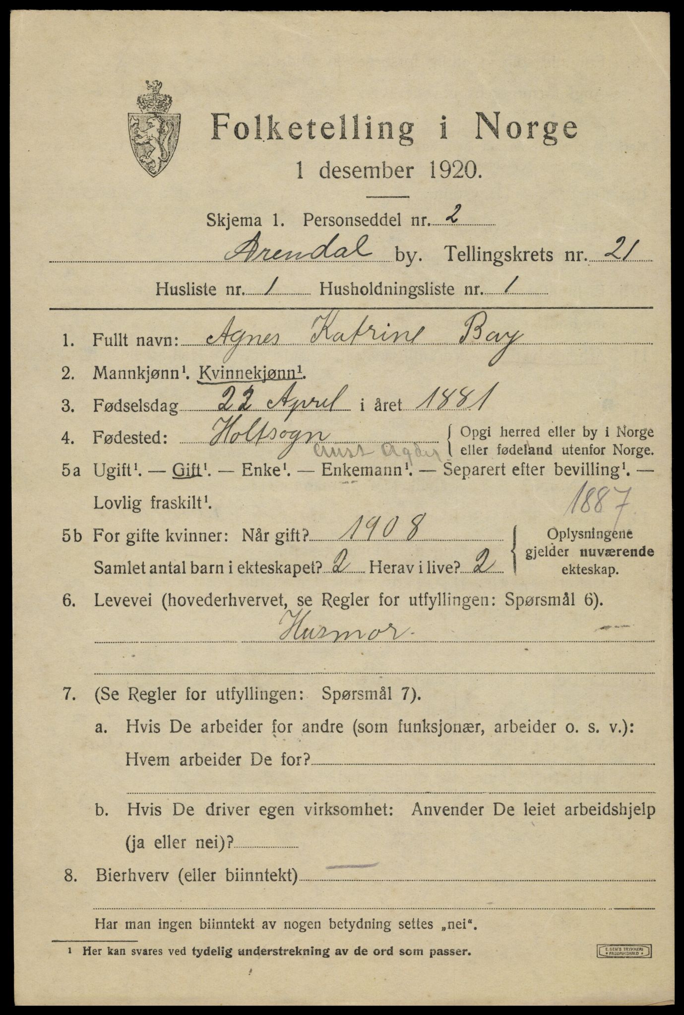 SAK, 1920 census for Arendal, 1920, p. 27510