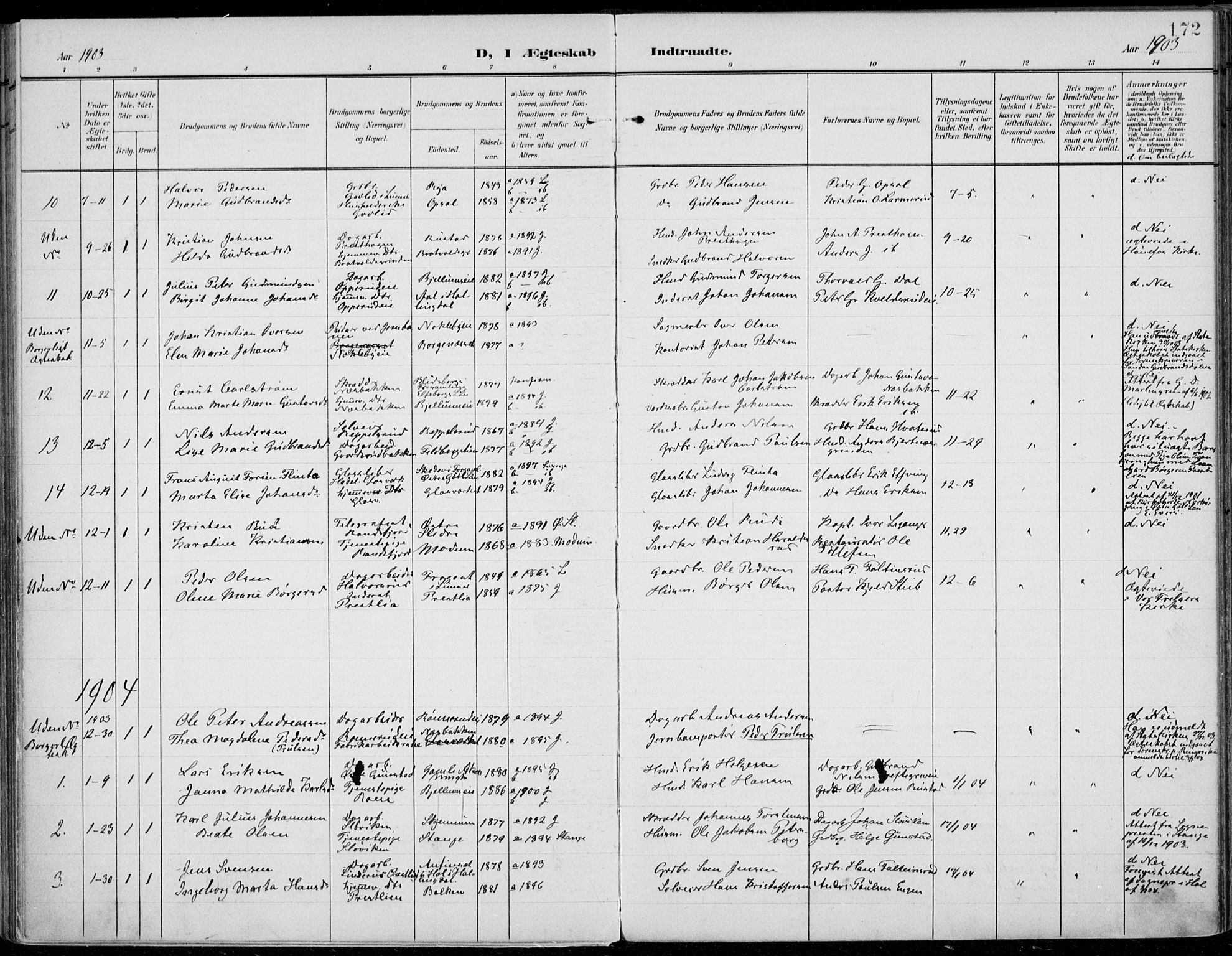 Jevnaker prestekontor, SAH/PREST-116/H/Ha/Haa/L0011: Parish register (official) no. 11, 1902-1913, p. 172