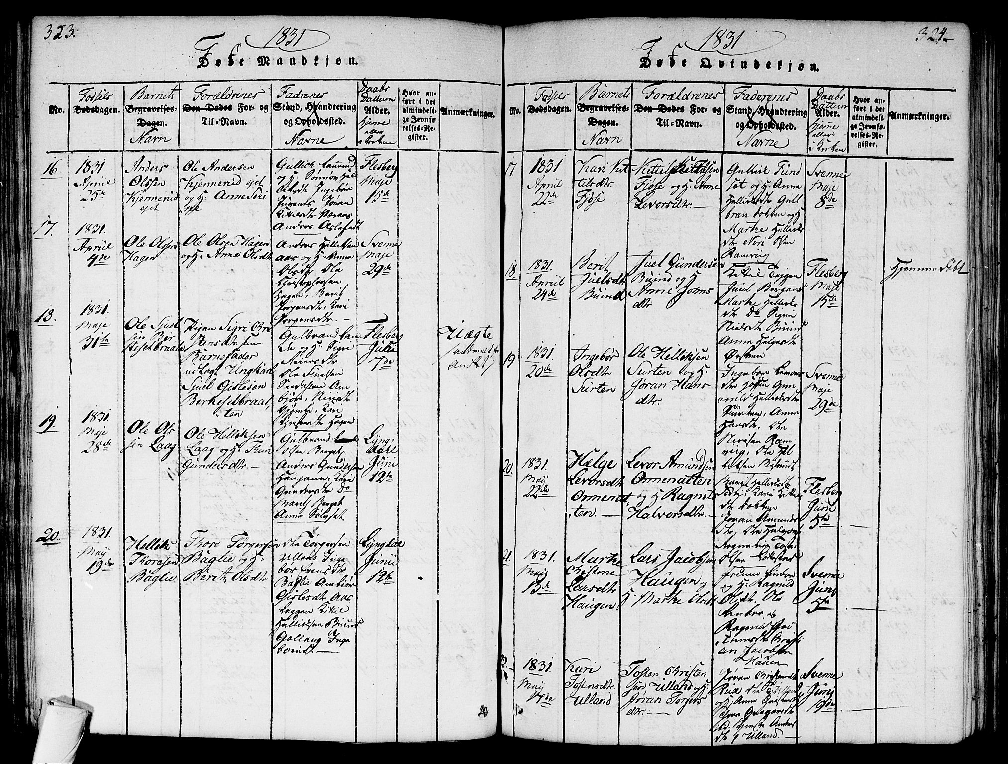 Flesberg kirkebøker, AV/SAKO-A-18/G/Ga/L0001: Parish register (copy) no. I 1, 1816-1834, p. 323-324