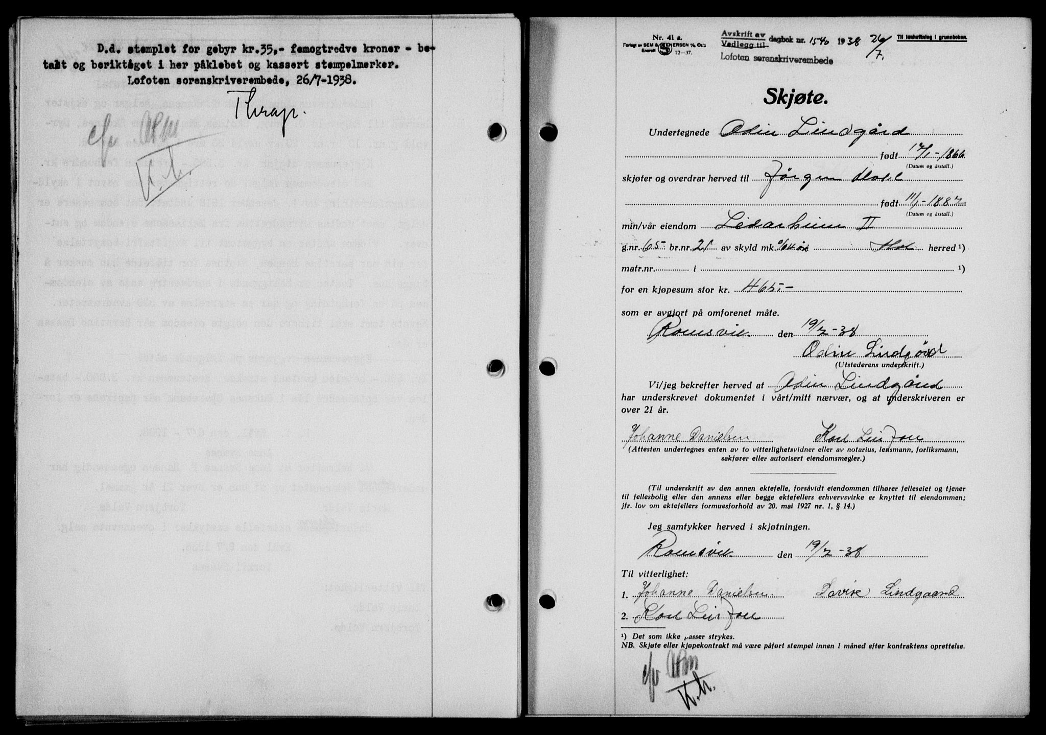 Lofoten sorenskriveri, SAT/A-0017/1/2/2C/L0004a: Mortgage book no. 4a, 1938-1938, Diary no: : 1540/1938