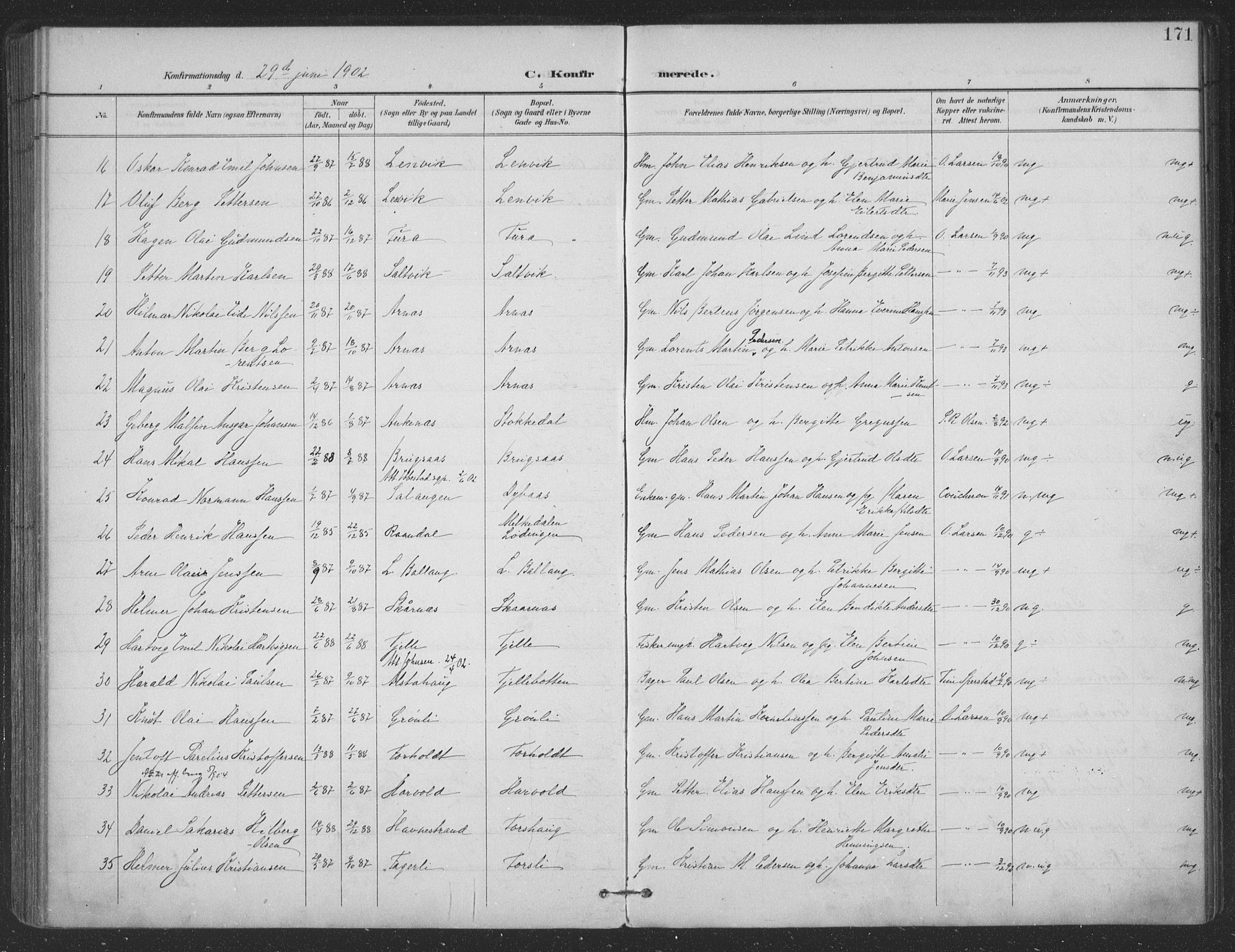 Ministerialprotokoller, klokkerbøker og fødselsregistre - Nordland, SAT/A-1459/863/L0899: Parish register (official) no. 863A11, 1897-1906, p. 171