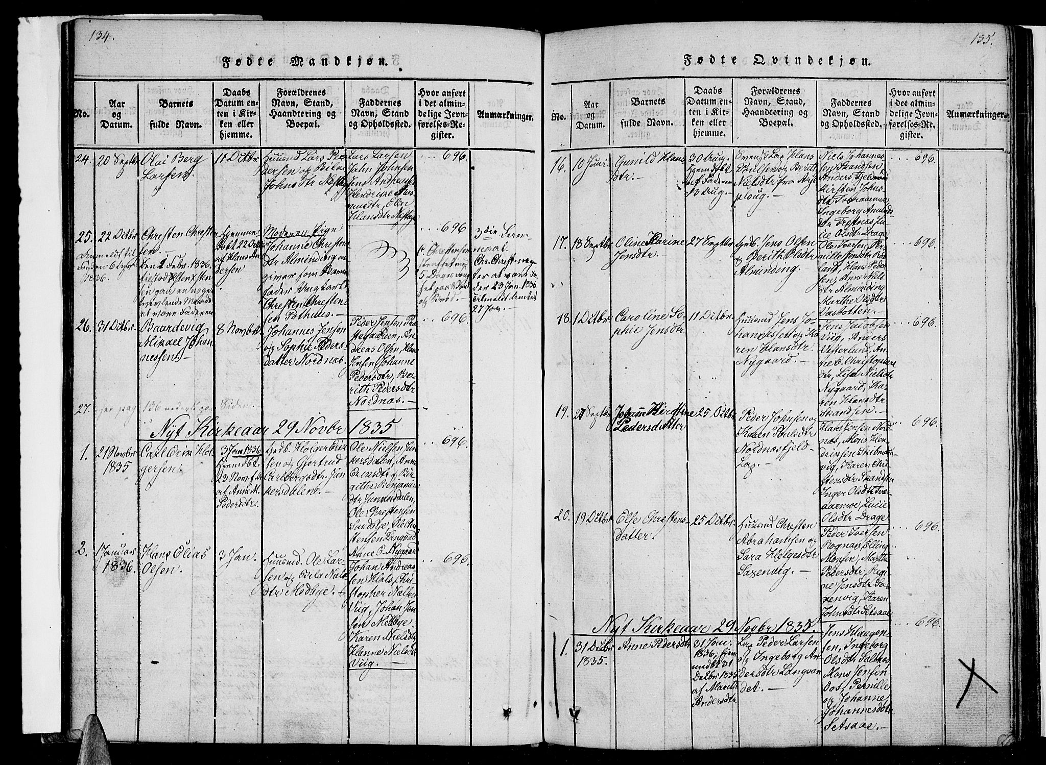 Ministerialprotokoller, klokkerbøker og fødselsregistre - Nordland, AV/SAT-A-1459/847/L0665: Parish register (official) no. 847A05, 1818-1841, p. 134-135