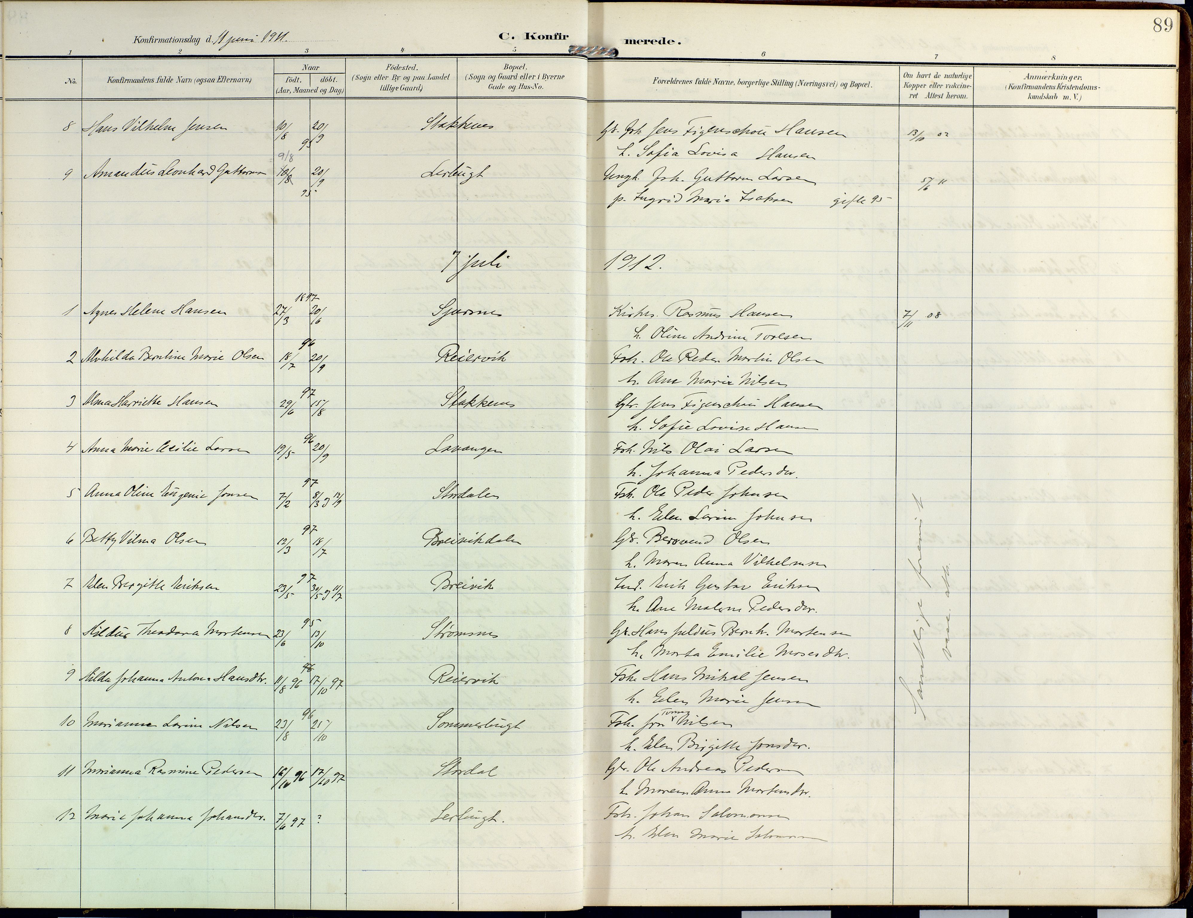 Lyngen sokneprestembete, SATØ/S-1289/H/He/Hea/L0014kirke: Parish register (official) no. 14, 1905-1920, p. 89