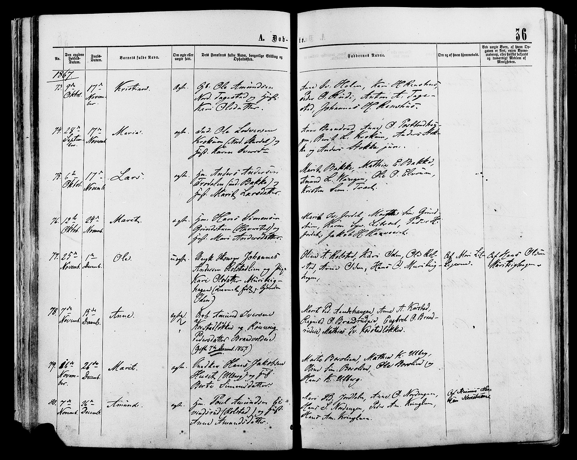 Sør-Fron prestekontor, AV/SAH-PREST-010/H/Ha/Haa/L0002: Parish register (official) no. 2, 1864-1880, p. 36