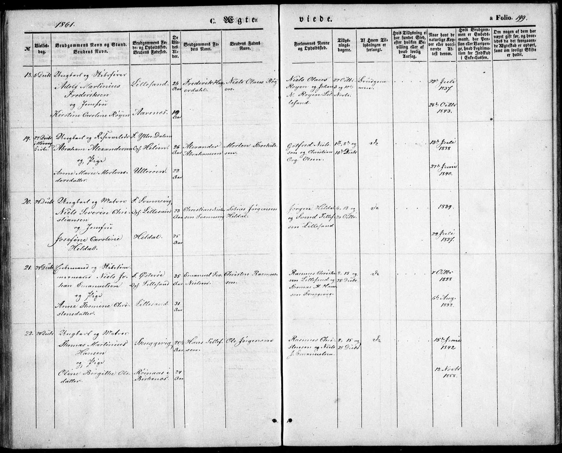 Vestre Moland sokneprestkontor, AV/SAK-1111-0046/F/Fb/Fbb/L0003: Parish register (copy) no. B 3, 1851-1861, p. 199