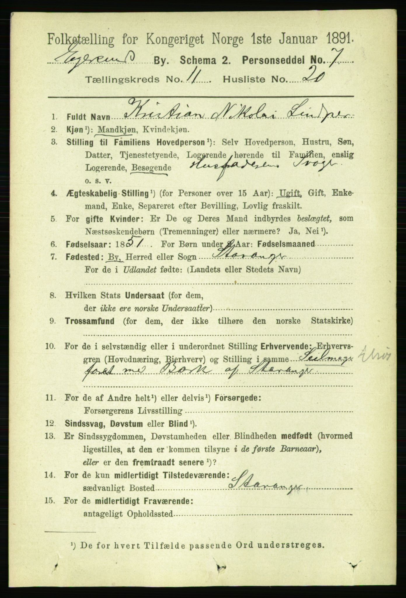 RA, 1891 census for 1101 Egersund, 1891, p. 2162