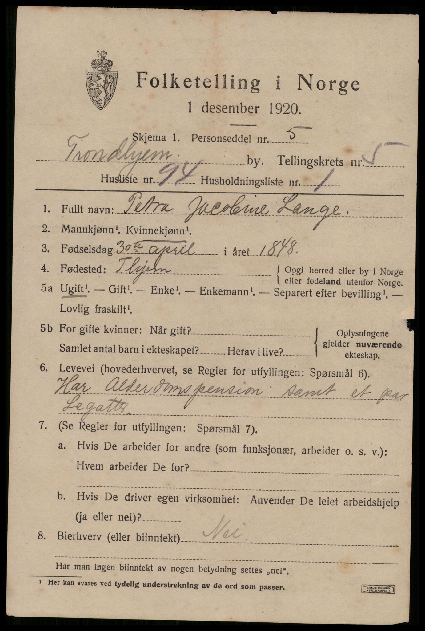 SAT, 1920 census for Trondheim, 1920, p. 39816