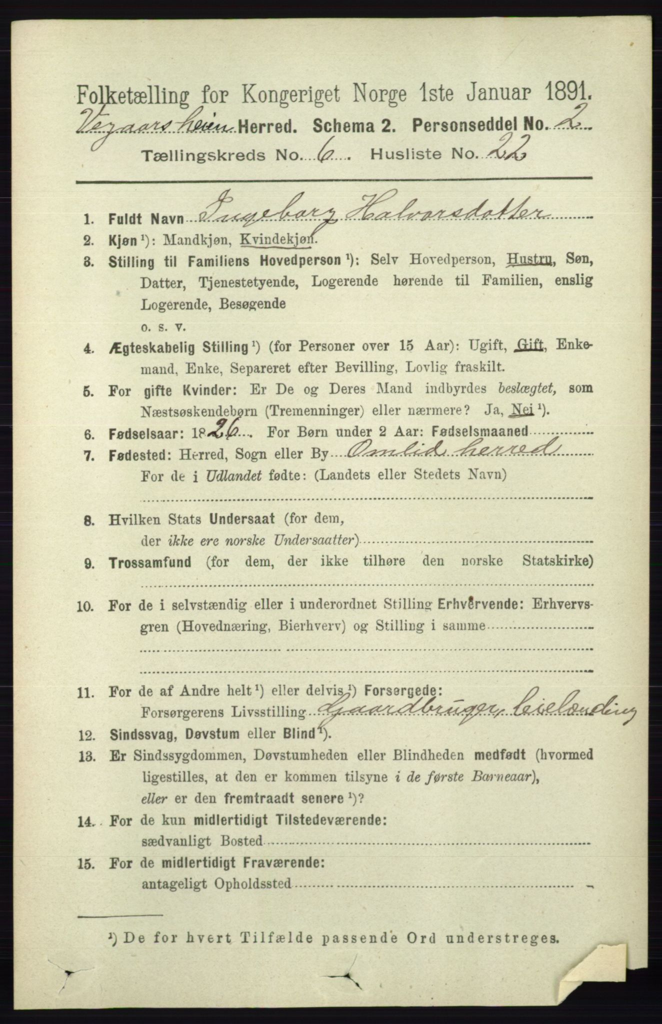 RA, 1891 census for 0912 Vegårshei, 1891, p. 1298