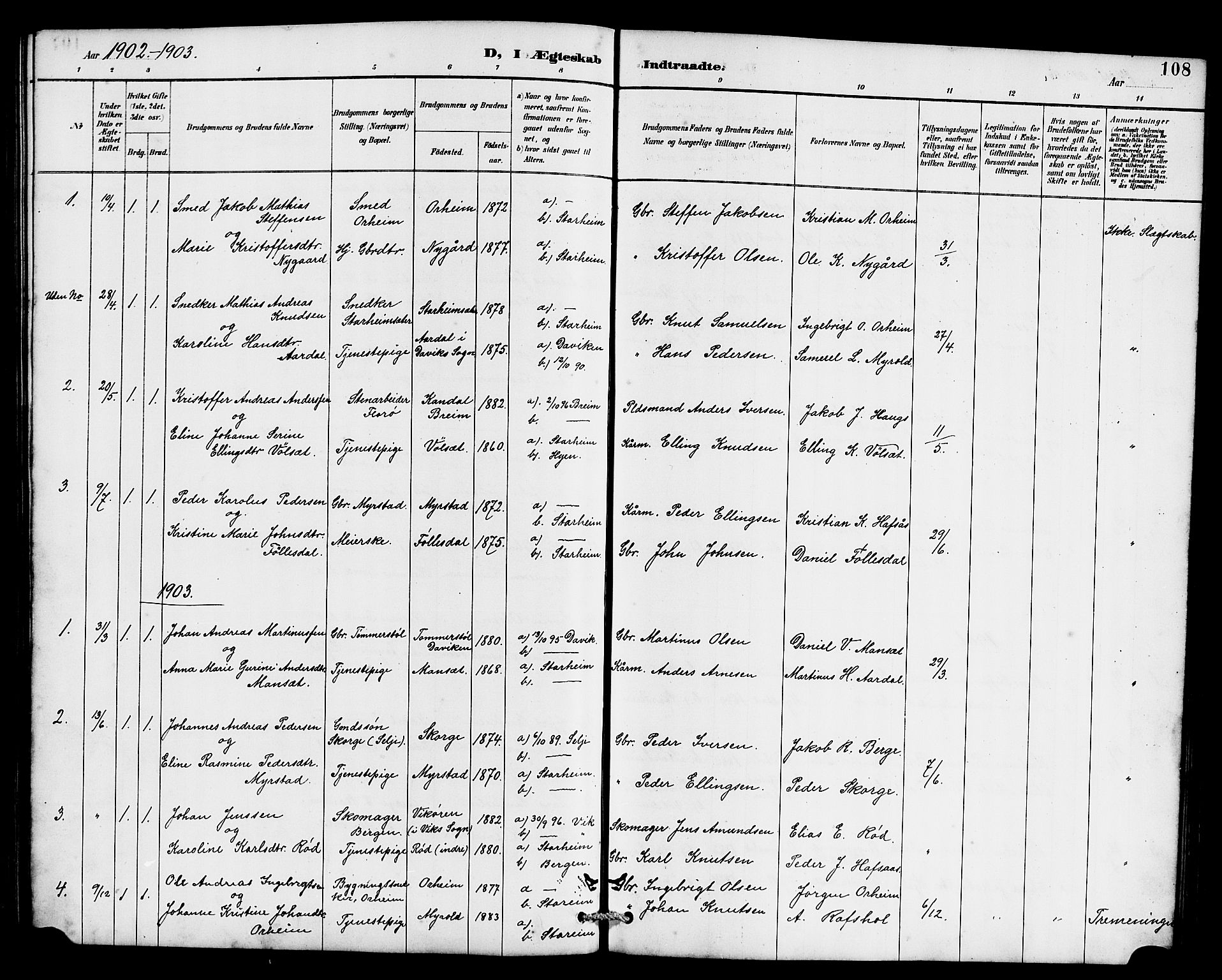 Eid sokneprestembete, AV/SAB-A-82301/H/Hab/Habc/L0002: Parish register (copy) no. C 2, 1887-1906, p. 108