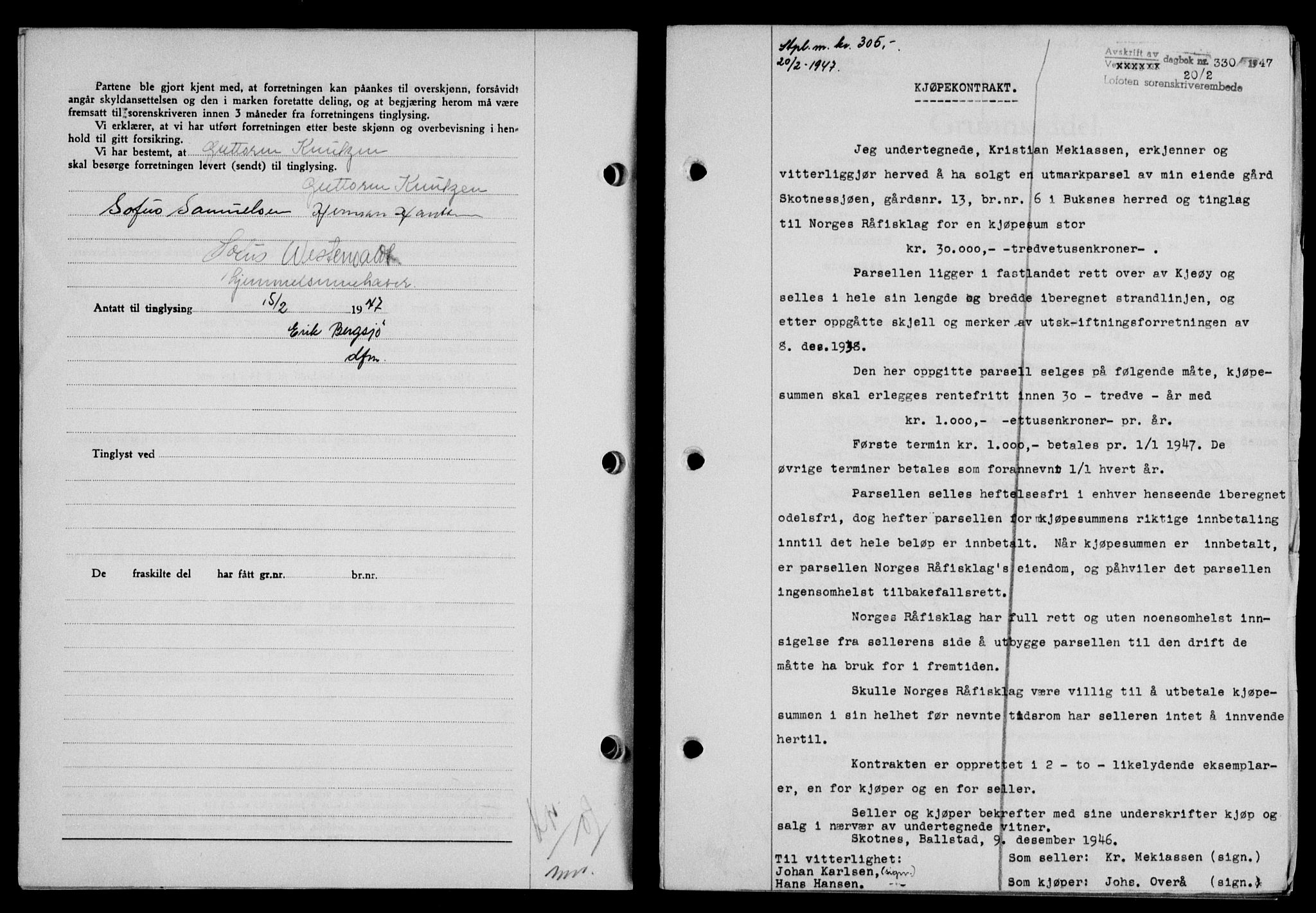 Lofoten sorenskriveri, SAT/A-0017/1/2/2C/L0015a: Mortgage book no. 15a, 1946-1947, Diary no: : 330/1947