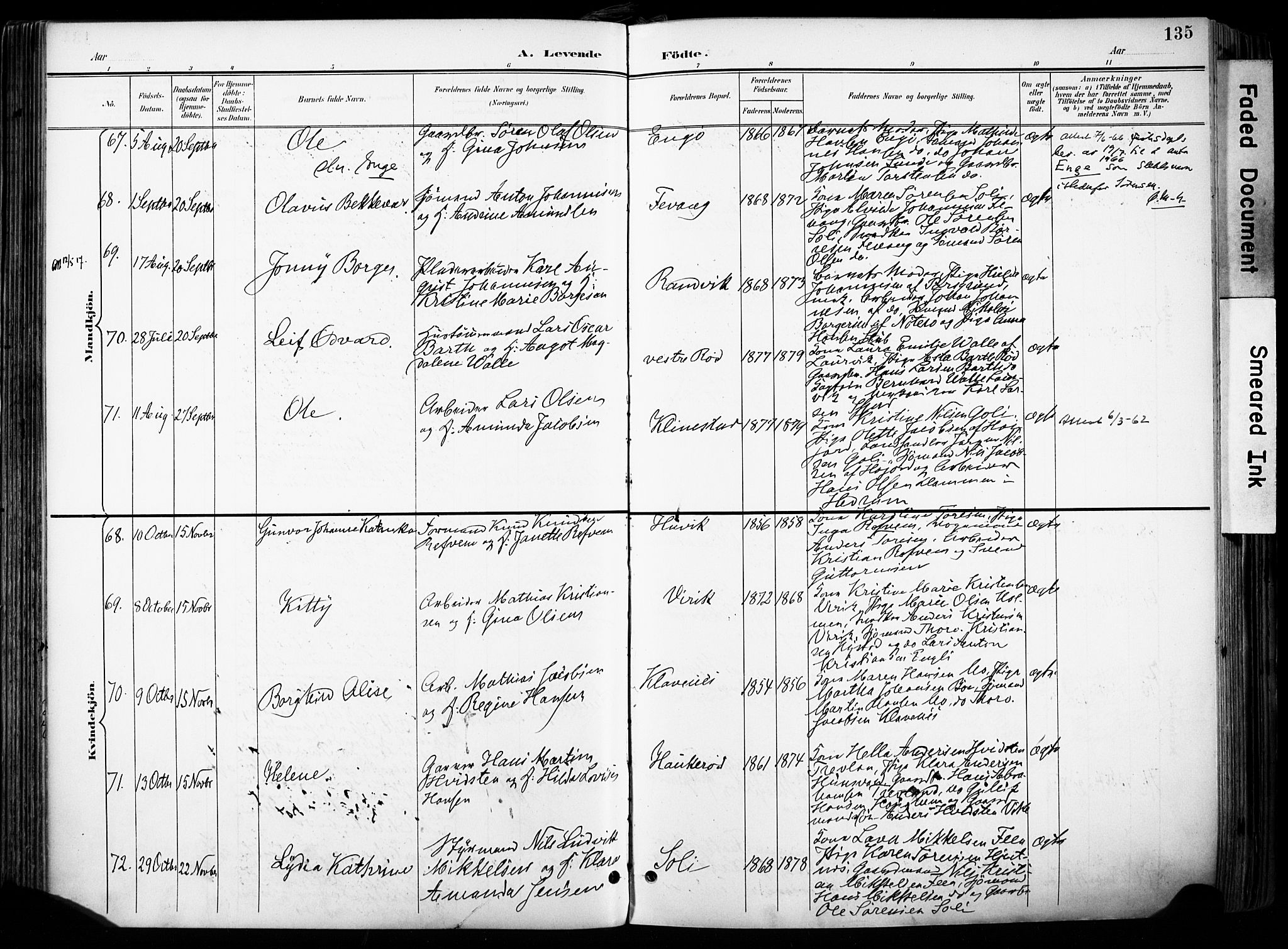 Sandar kirkebøker, SAKO/A-243/F/Fa/L0014: Parish register (official) no. 14, 1896-1909, p. 135
