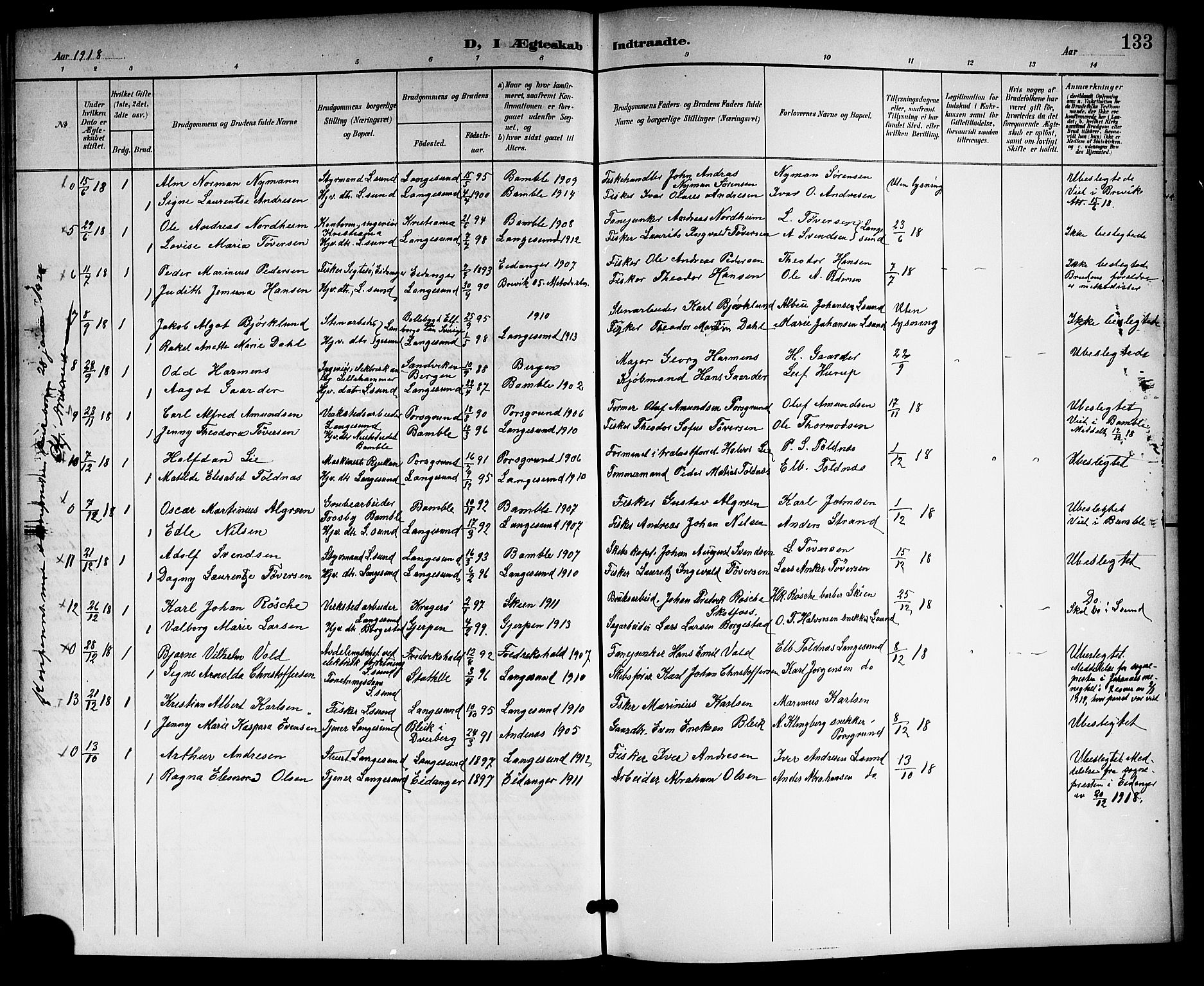 Langesund kirkebøker, SAKO/A-280/G/Ga/L0006: Parish register (copy) no. 6, 1899-1918, p. 133