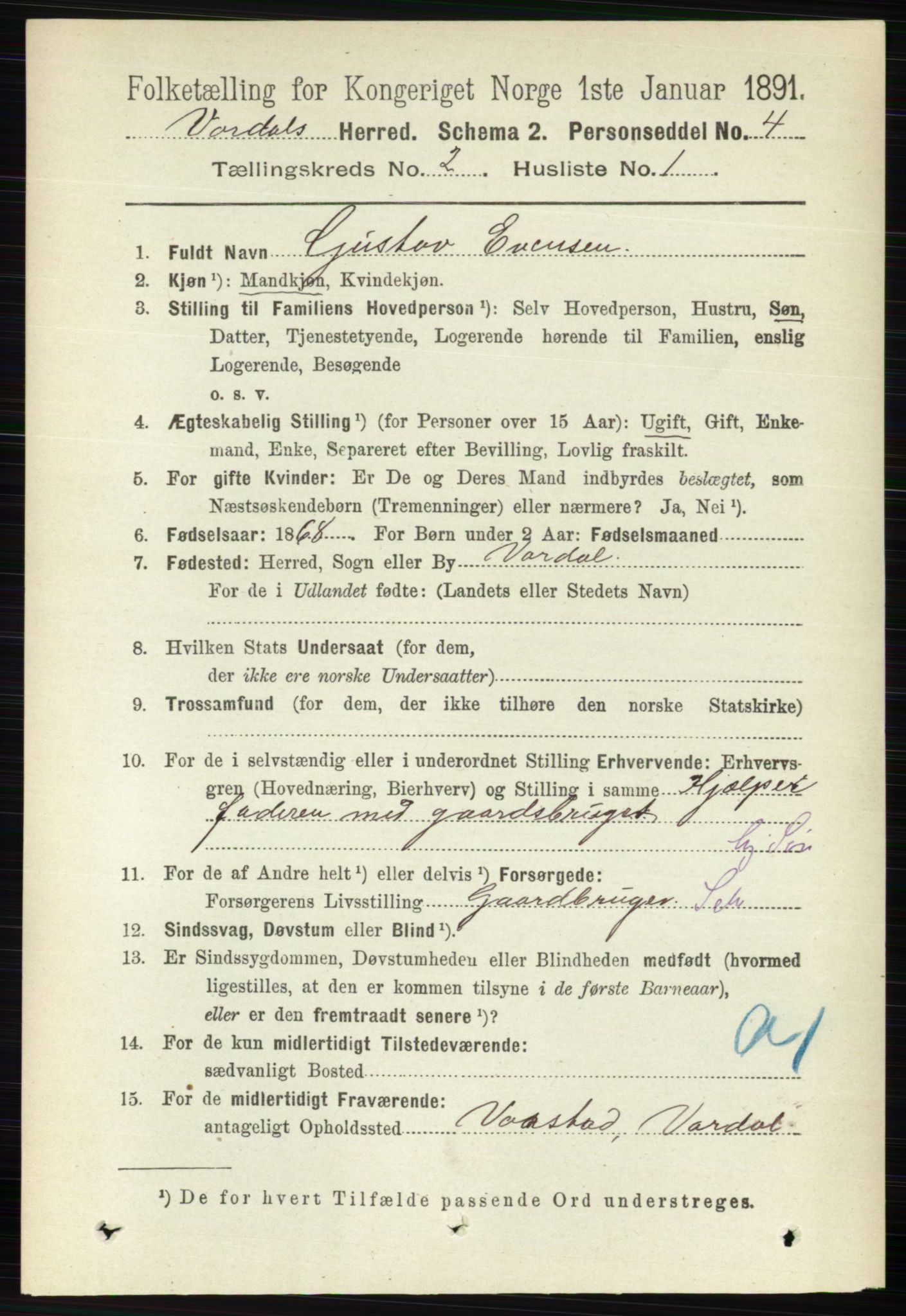 RA, 1891 census for 0527 Vardal, 1891, p. 527