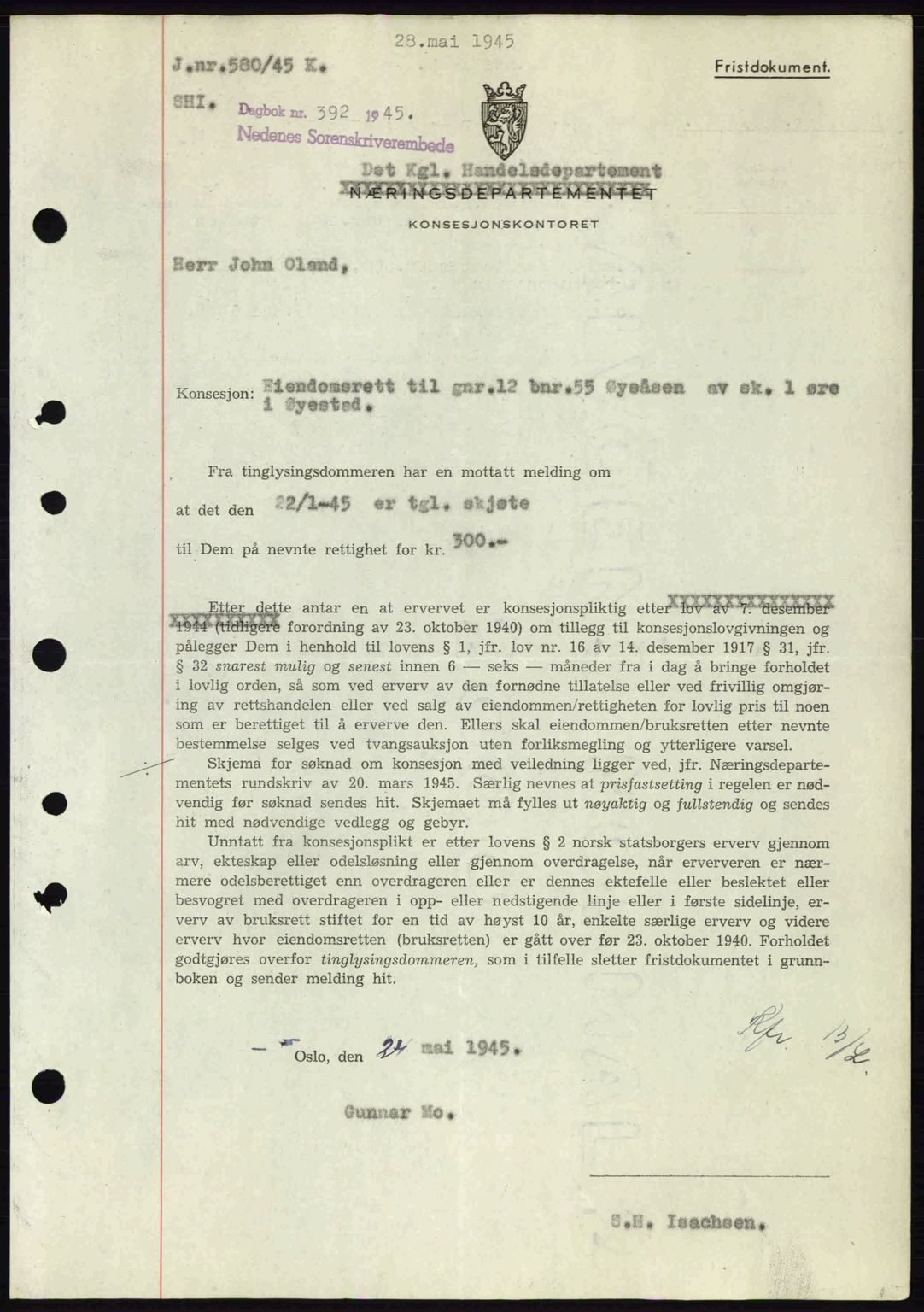 Nedenes sorenskriveri, SAK/1221-0006/G/Gb/Gba/L0052: Mortgage book no. A6a, 1944-1945, Diary no: : 392/1945