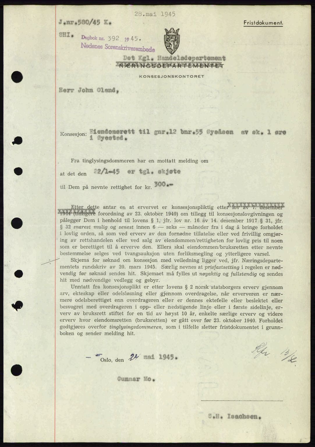 Nedenes sorenskriveri, AV/SAK-1221-0006/G/Gb/Gba/L0052: Mortgage book no. A6a, 1944-1945, Diary no: : 392/1945