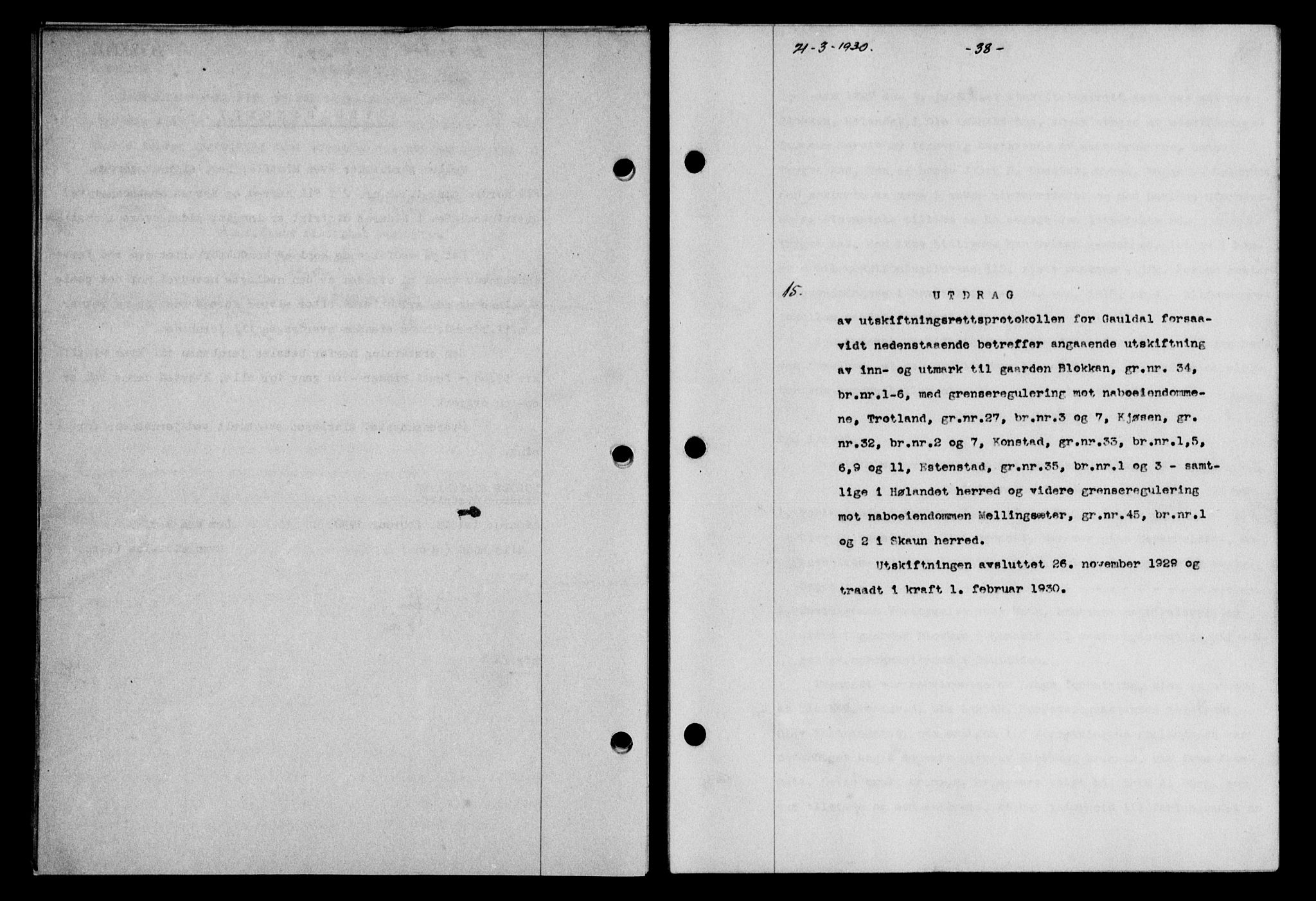 Gauldal sorenskriveri, AV/SAT-A-0014/1/2/2C/L0039: Mortgage book no. 40, 1930-1930, Deed date: 21.03.1930