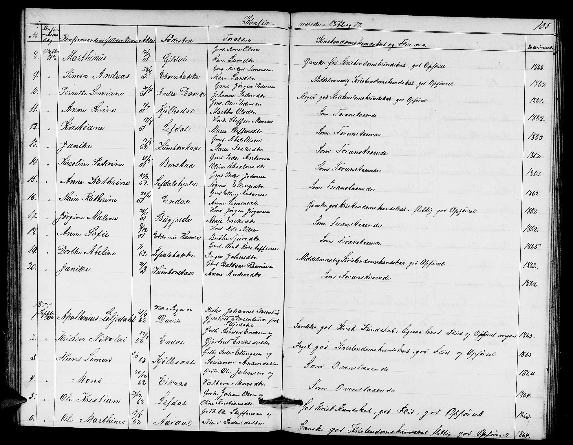 Davik sokneprestembete, AV/SAB-A-79701/H/Hab/Haba/L0001: Parish register (copy) no. A 1, 1866-1889, p. 105