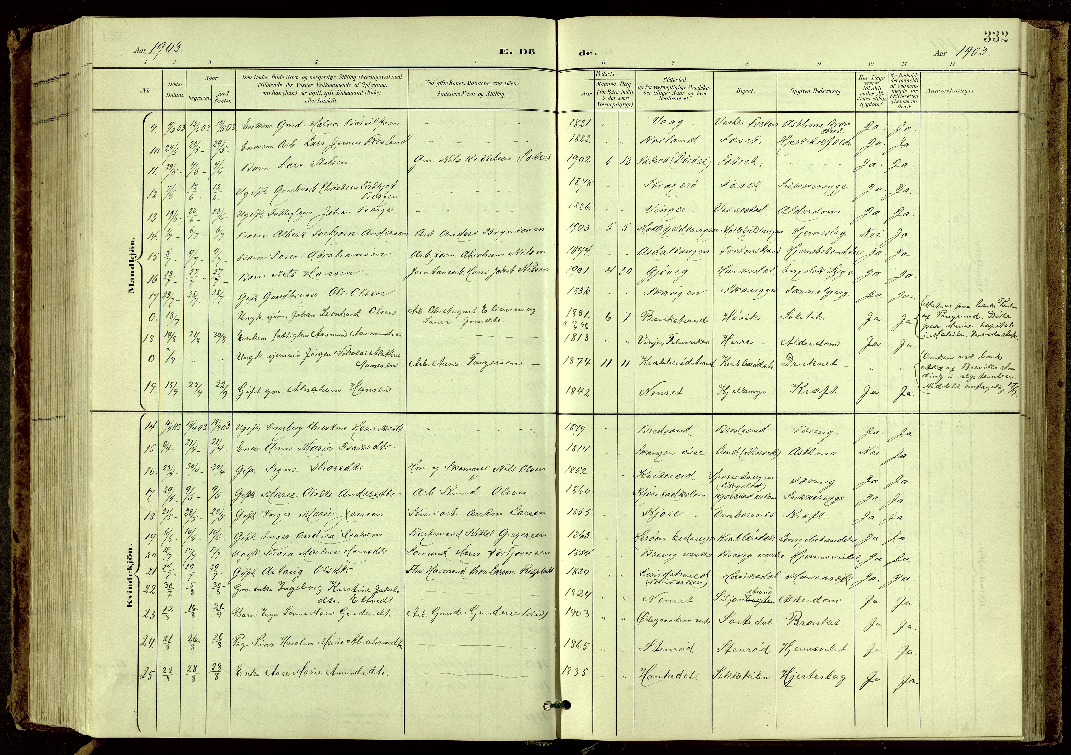 Bamble kirkebøker, SAKO/A-253/G/Ga/L0010: Parish register (copy) no. I 10, 1901-1919, p. 332