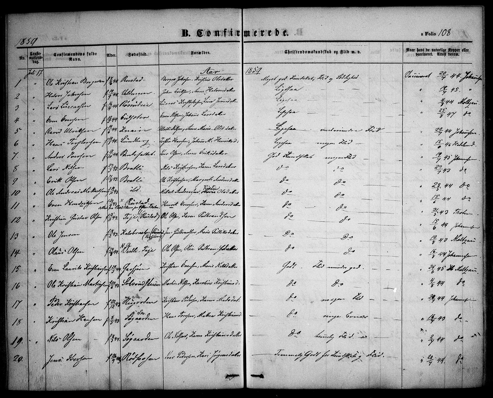 Hurdal prestekontor Kirkebøker, AV/SAO-A-10889/F/Fa/L0005: Parish register (official) no. I 5, 1846-1859, p. 108