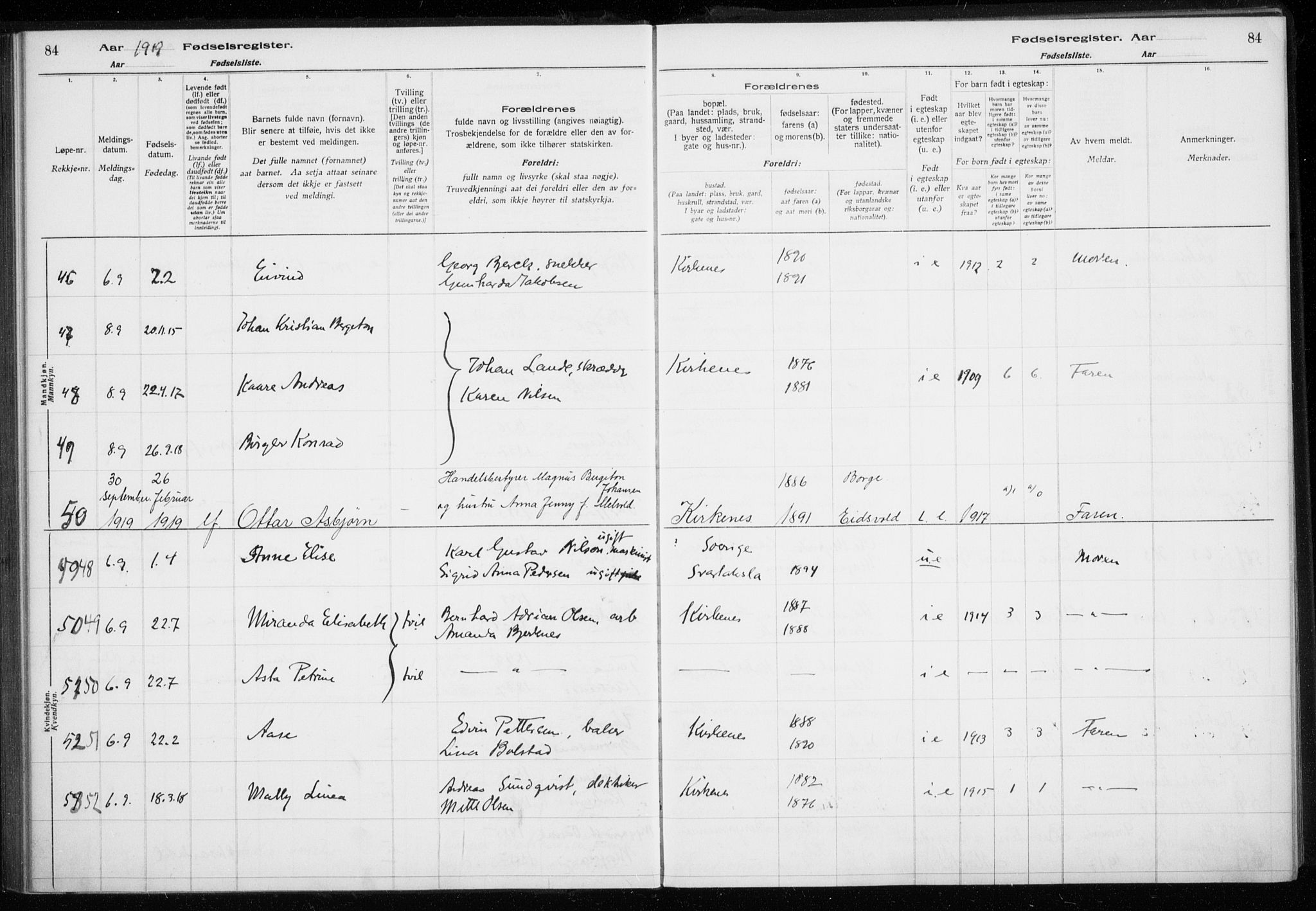 Sør-Varanger sokneprestkontor, AV/SATØ-S-1331/I/Ia/L0016: Birth register no. 16, 1915-1925, p. 84