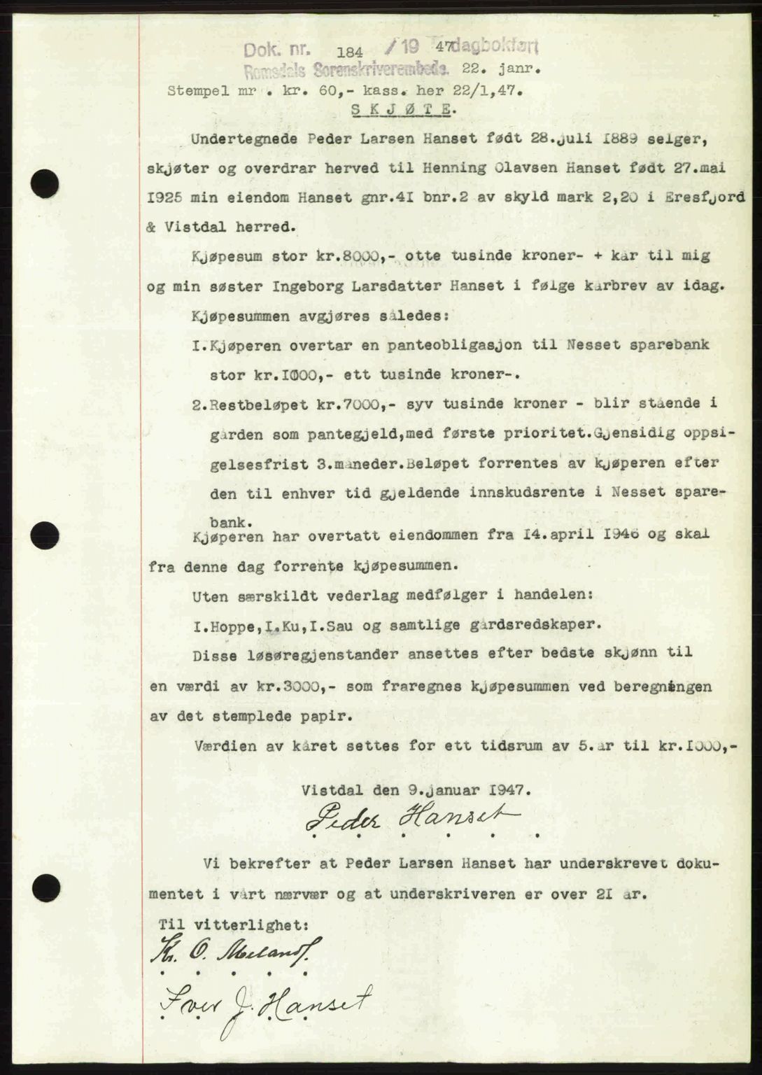 Romsdal sorenskriveri, SAT/A-4149/1/2/2C: Mortgage book no. A22, 1947-1947, Diary no: : 184/1947