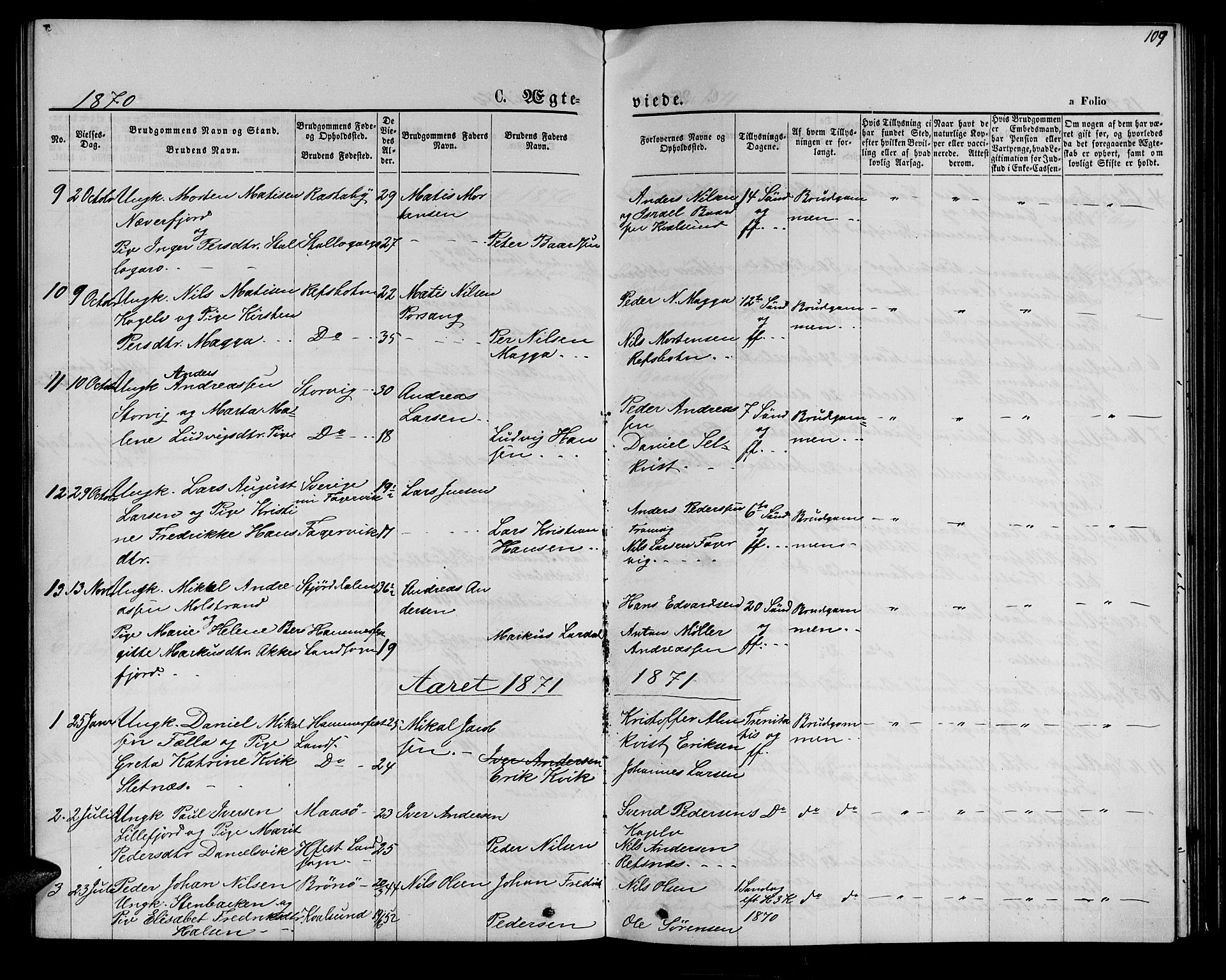 Hammerfest sokneprestkontor, AV/SATØ-S-1347/H/Hb/L0005.klokk: Parish register (copy) no. 5, 1869-1884, p. 109