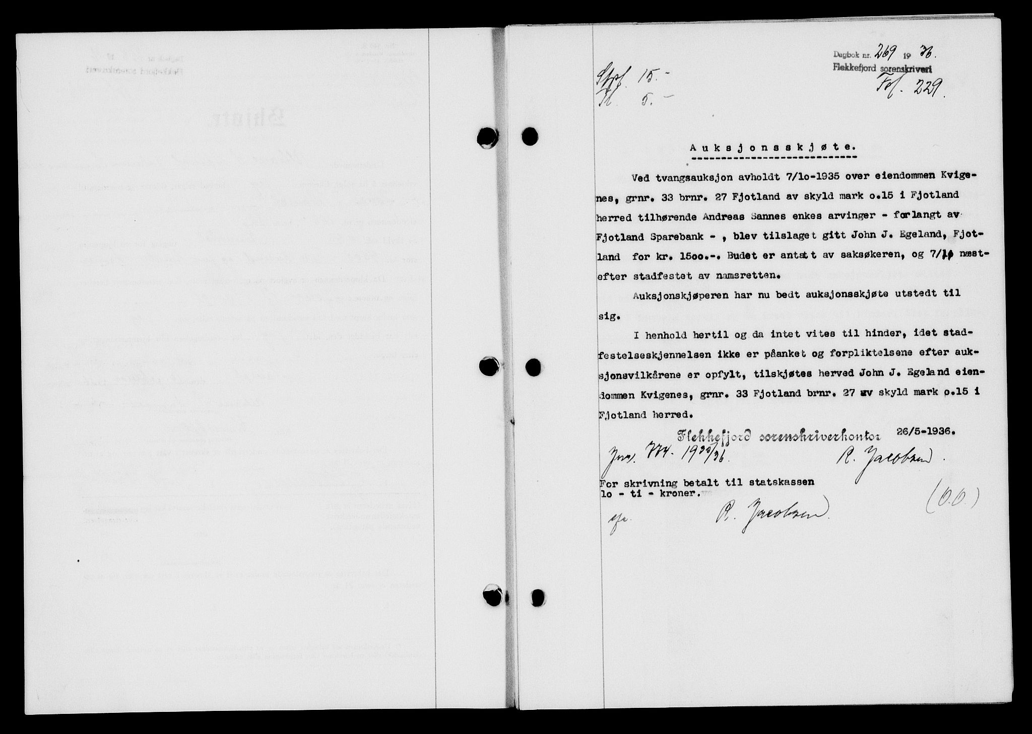 Flekkefjord sorenskriveri, SAK/1221-0001/G/Gb/Gba/L0053: Mortgage book no. A-1, 1936-1937, Diary no: : 269/1936